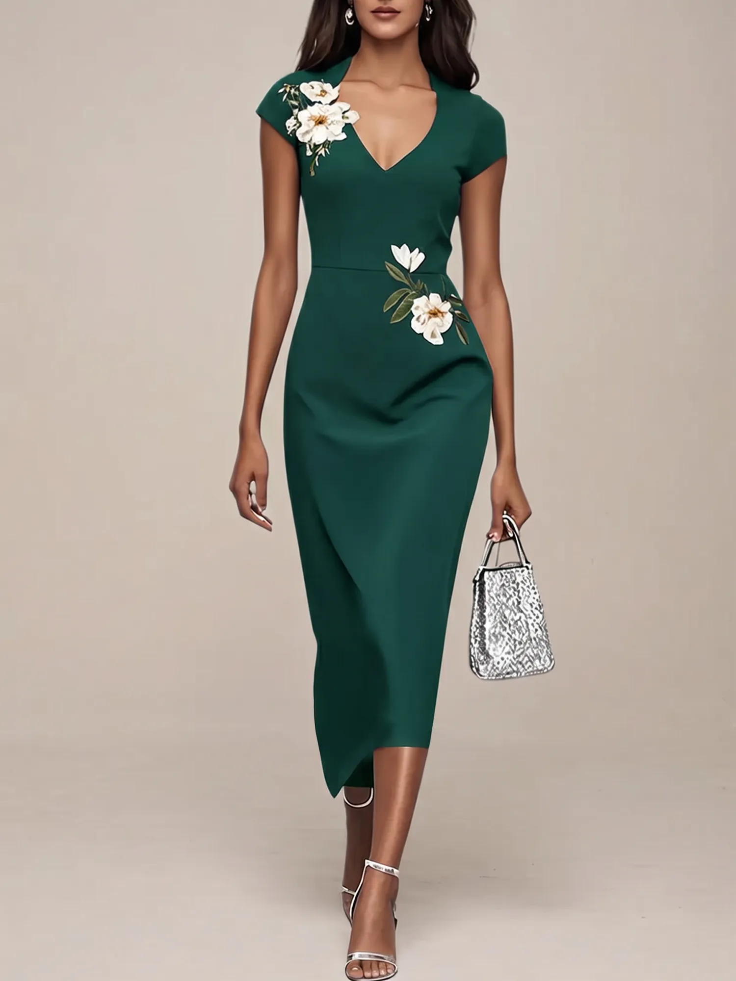 V-Neck Cap Sleeve Floral Embroidered Sheath Evening Dress
