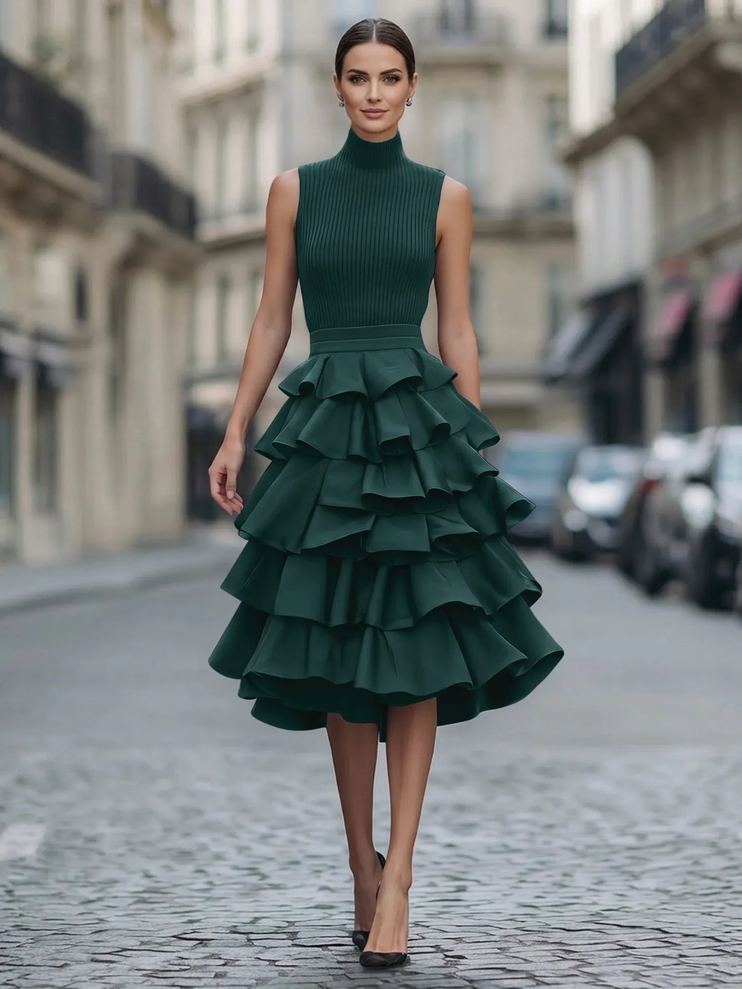 A Line High-Neck Pleated Tiered Evening Dress Maxi Dress