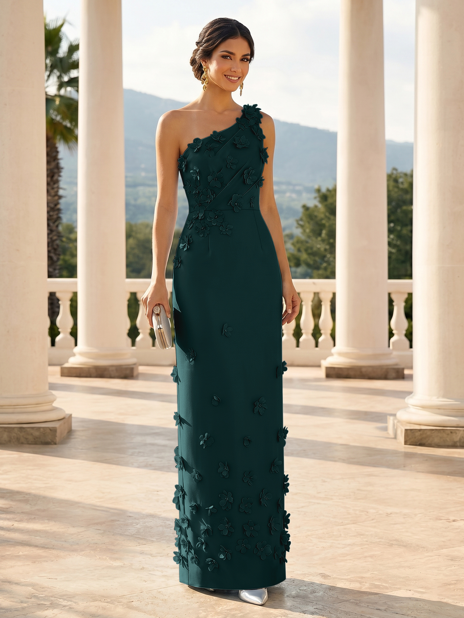 Enchanting Sky Blue One-Shoulder Evening Dress with 3D Floral Appliqués