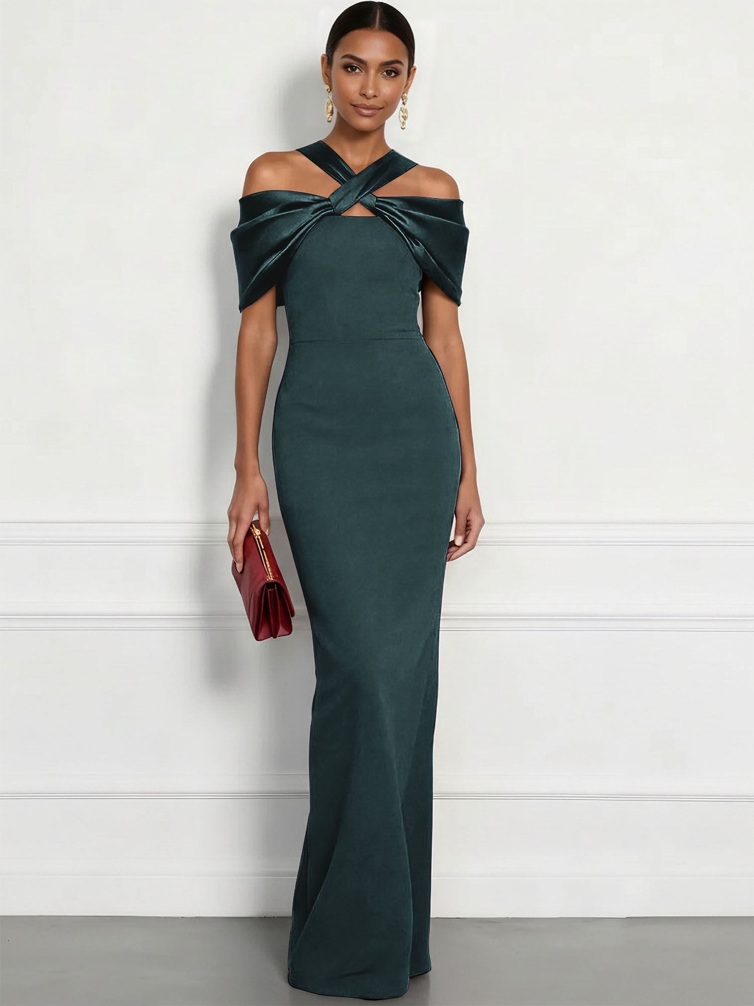  Regal Plum Crepe Column Gown with Satin Criss-Cross Halter Maxi Dress