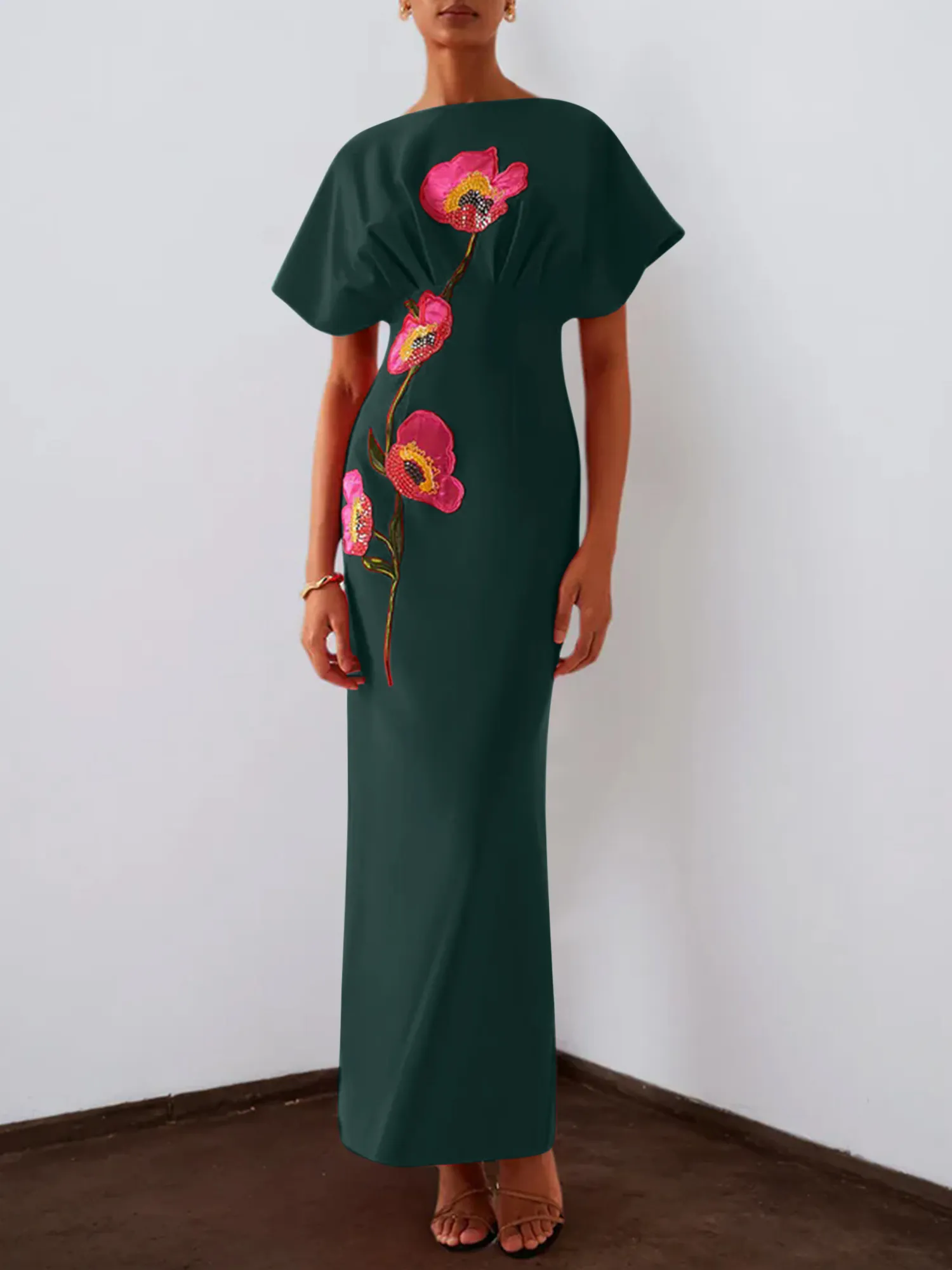 Floral Embroidered Boat Neck Batwing Sleeve Column Evening Gown