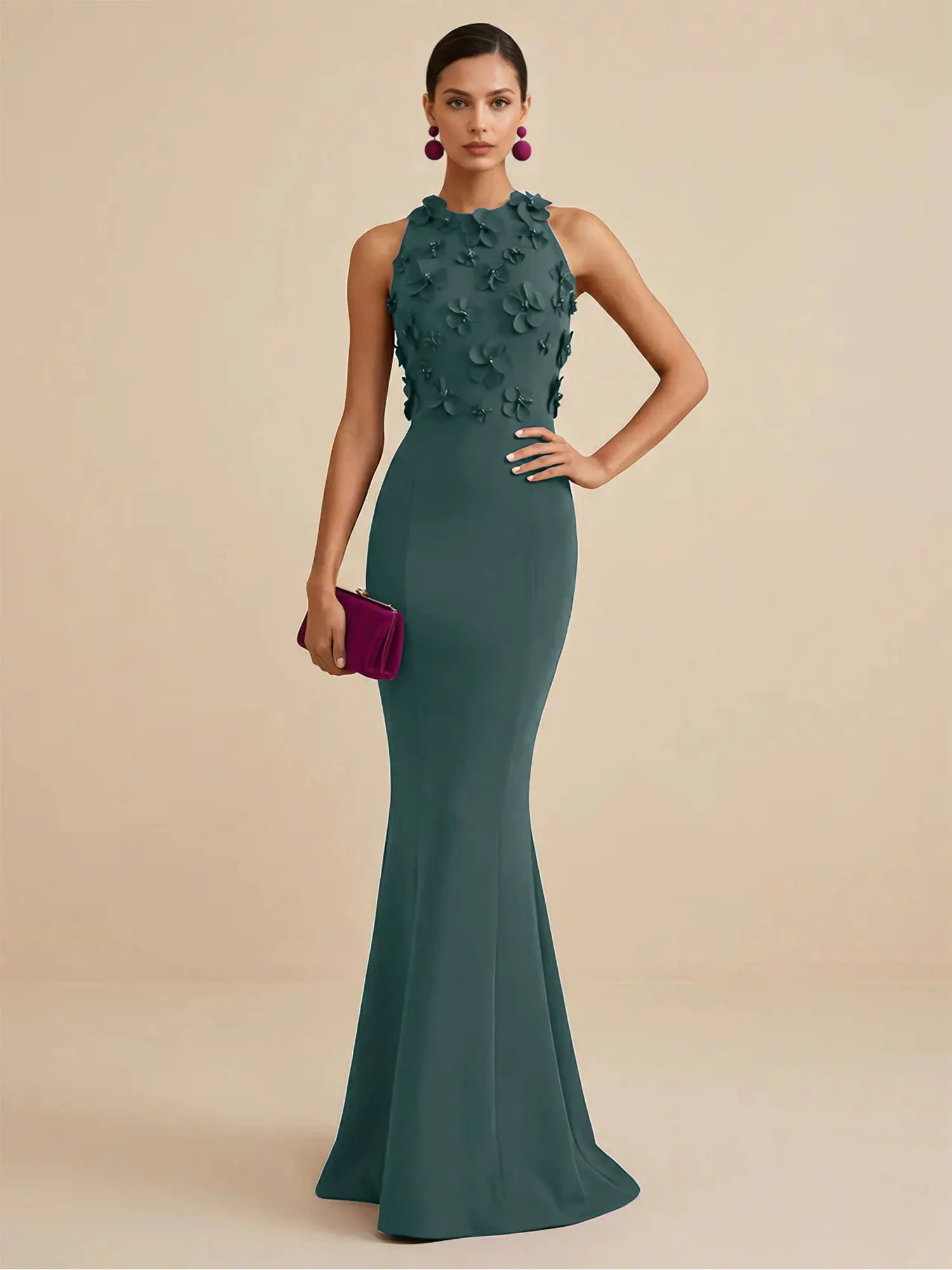Scoop Neck 3D Floral Appliqué Crepe Mermaid Evening Gown