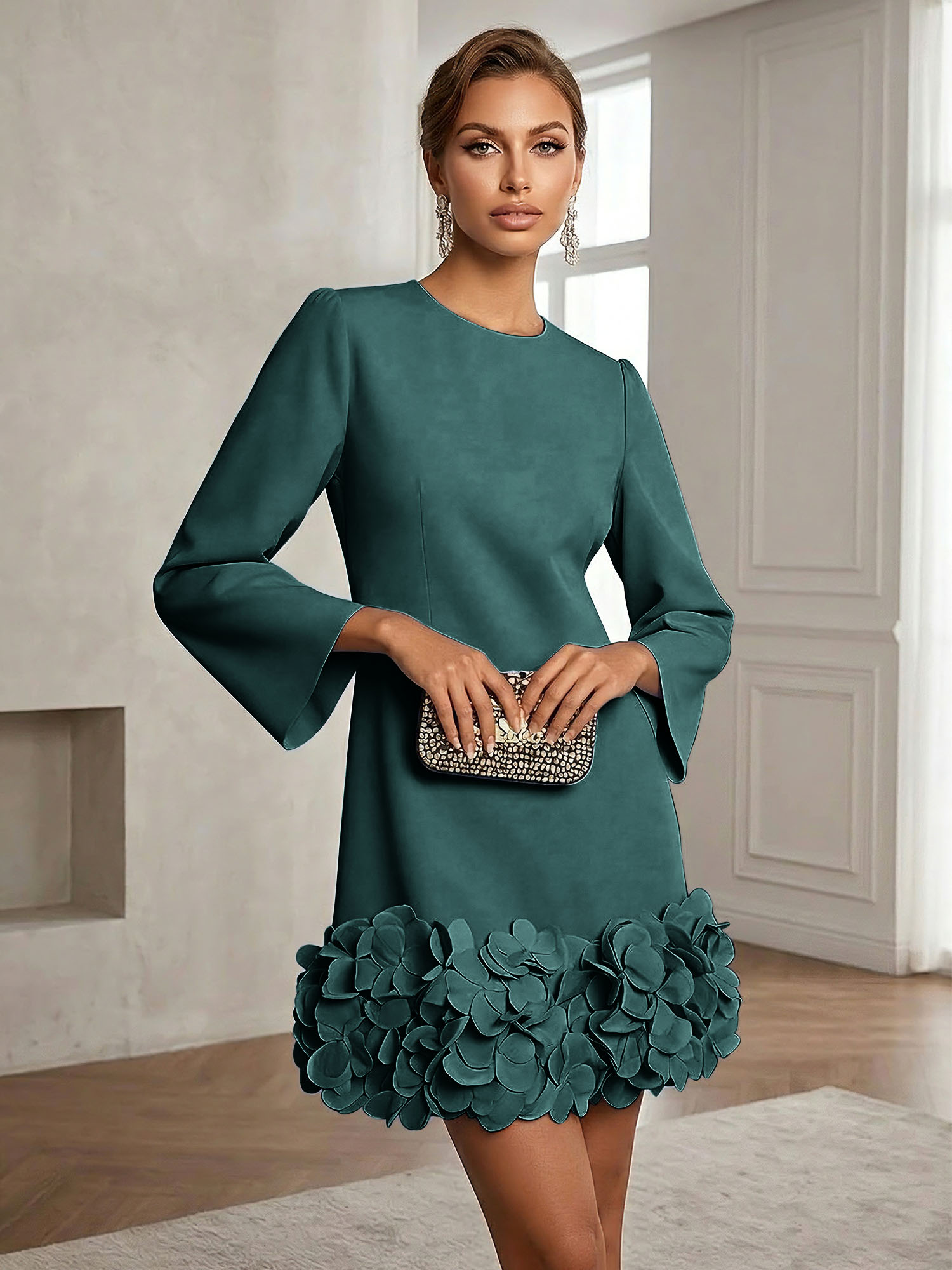 Powder Blue 3D Floral Classic Crew Neck Bell Long Sleeve Shift Mini Dress