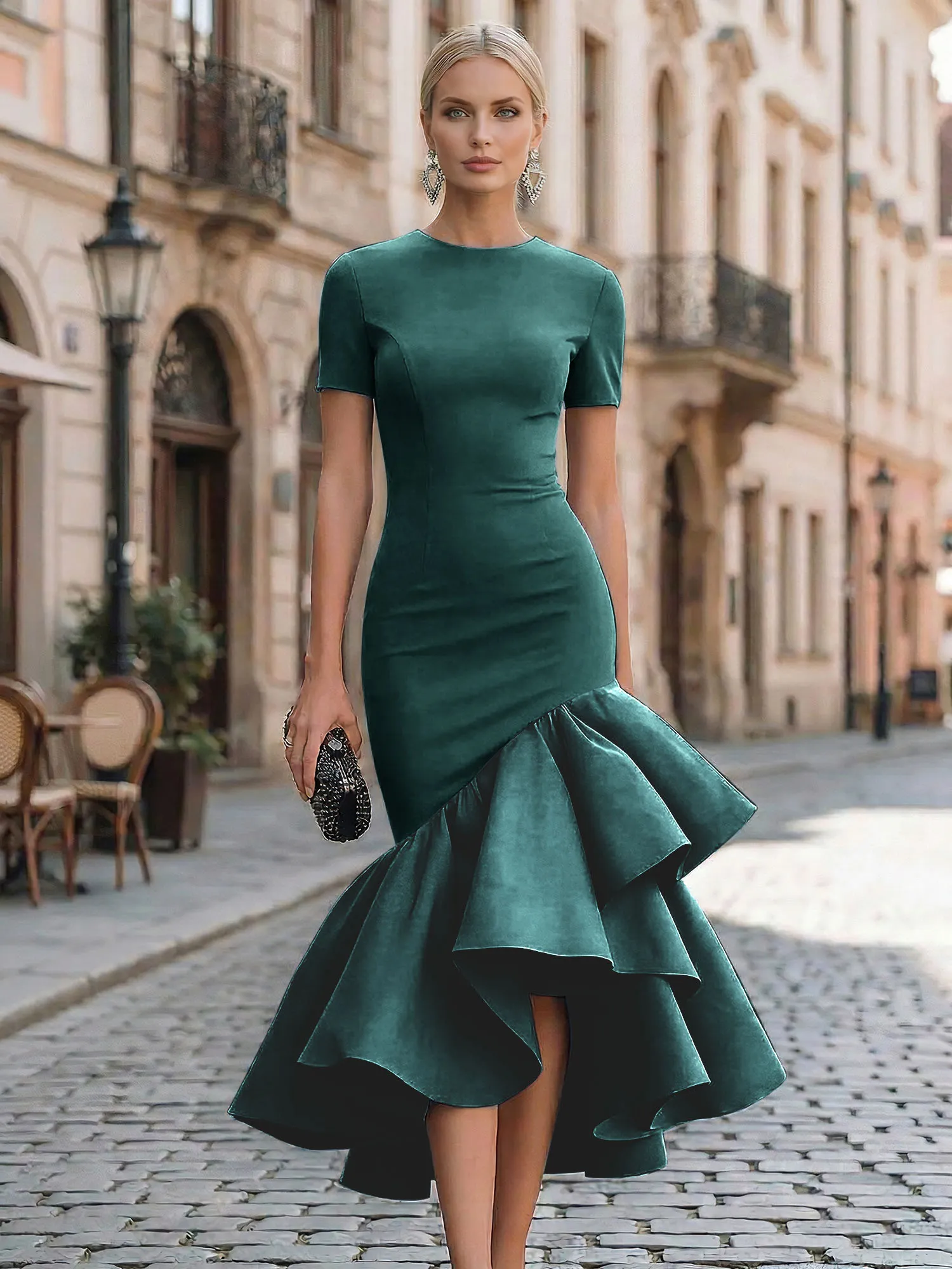 Evening Foraml Gown Avant-Garde Black Short-Sleeve Tiered Ruffle Midi Dress