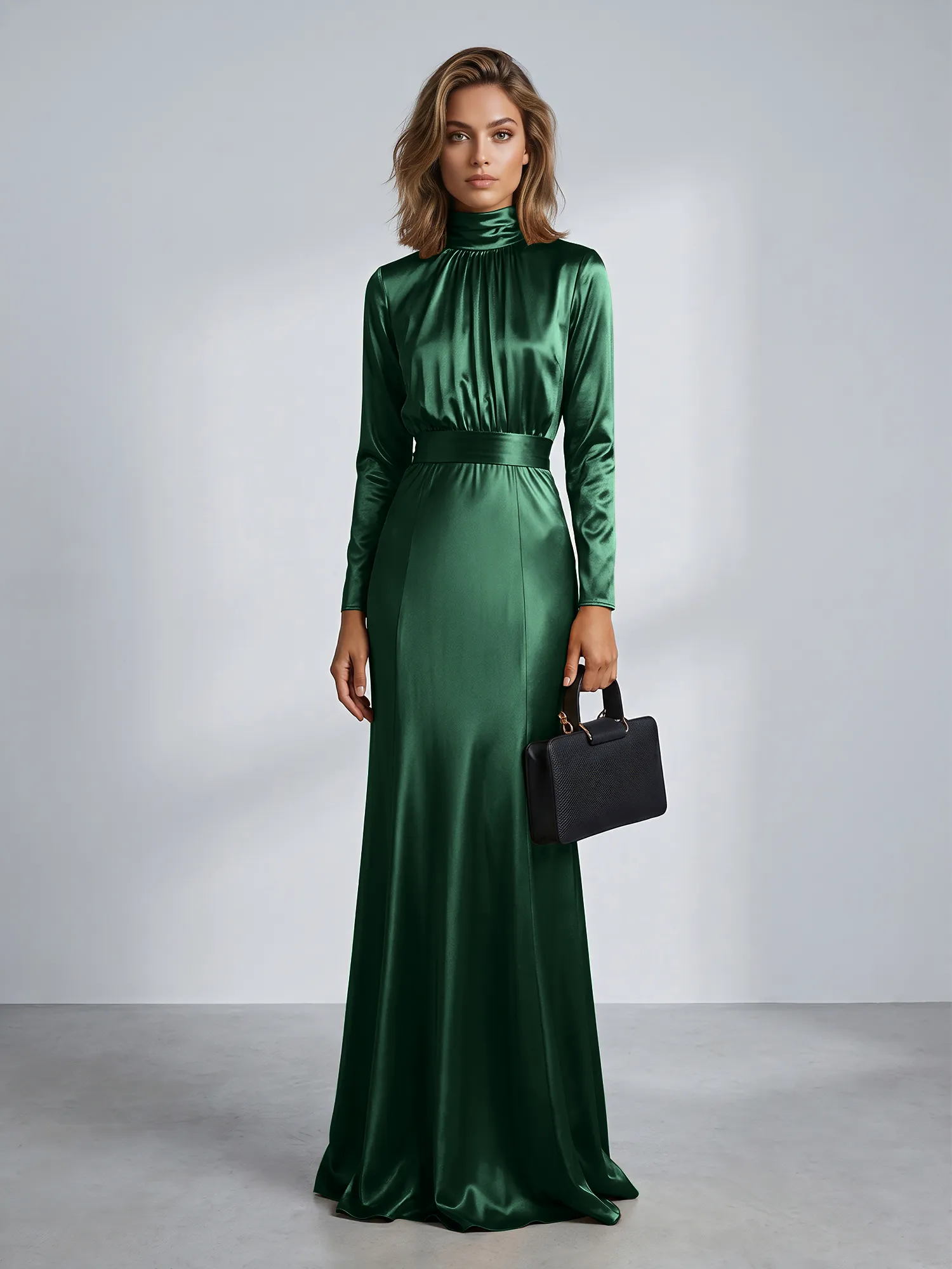 High Neck Long Sleeve Satin Mermaid Evening Gown with Waist Sash