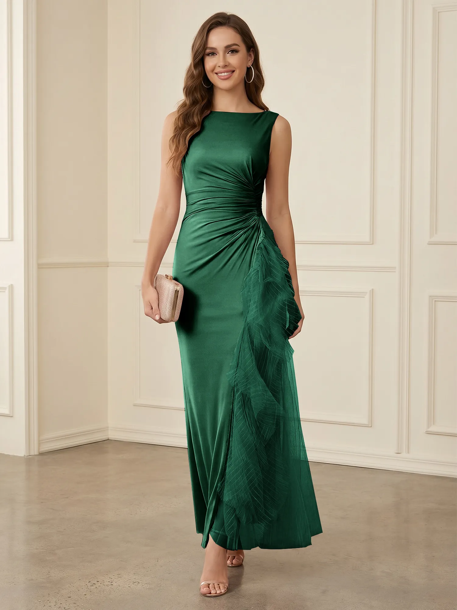 Sleeveless Ruched Sheath Evening Gown with Tulle Ruffle Detail