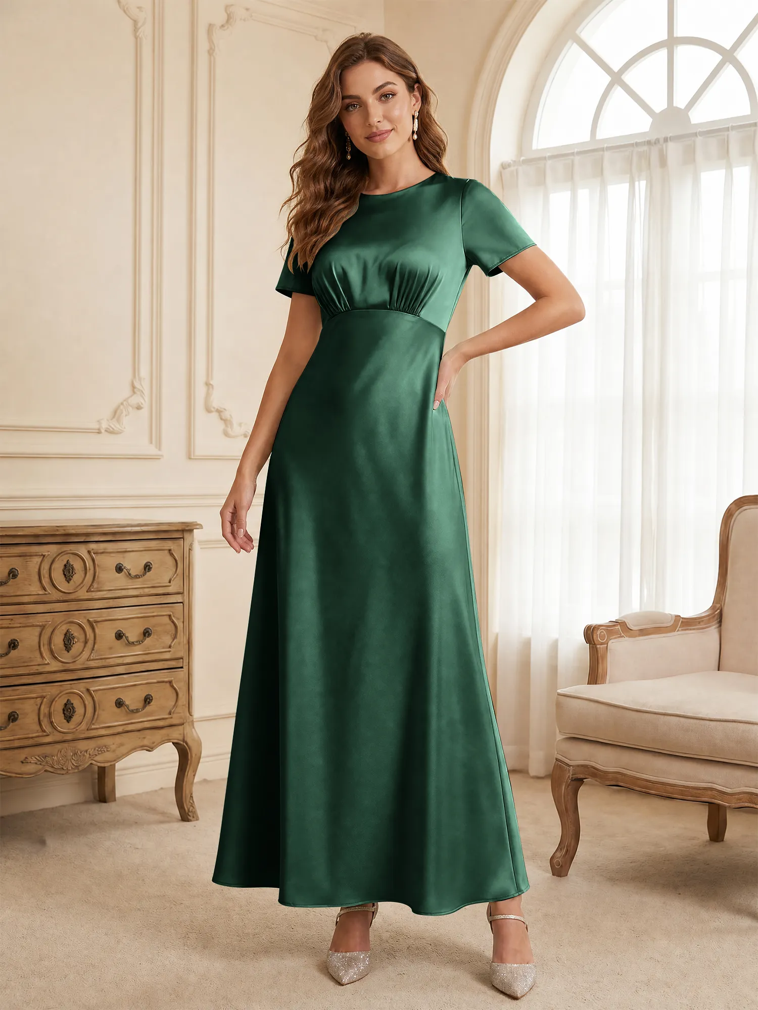 Round Neck Short Sleeve Satin Bridesmaid Dress