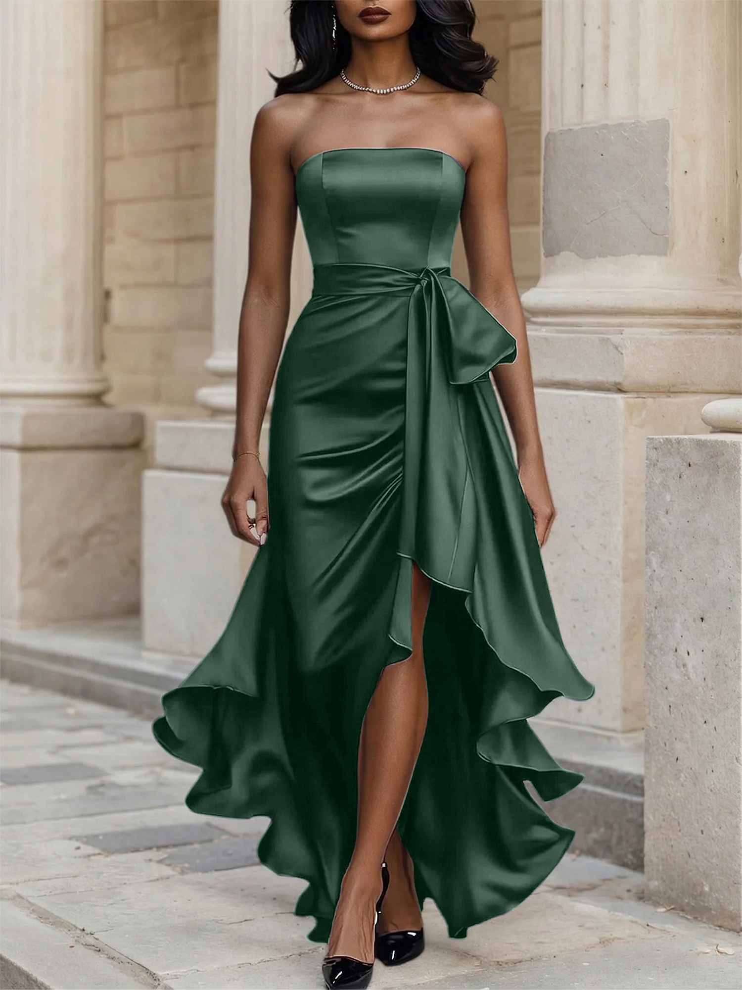 Glamorous Formal Dress Midnight Navy Strapless High-Low Satin Gown Midi Dress