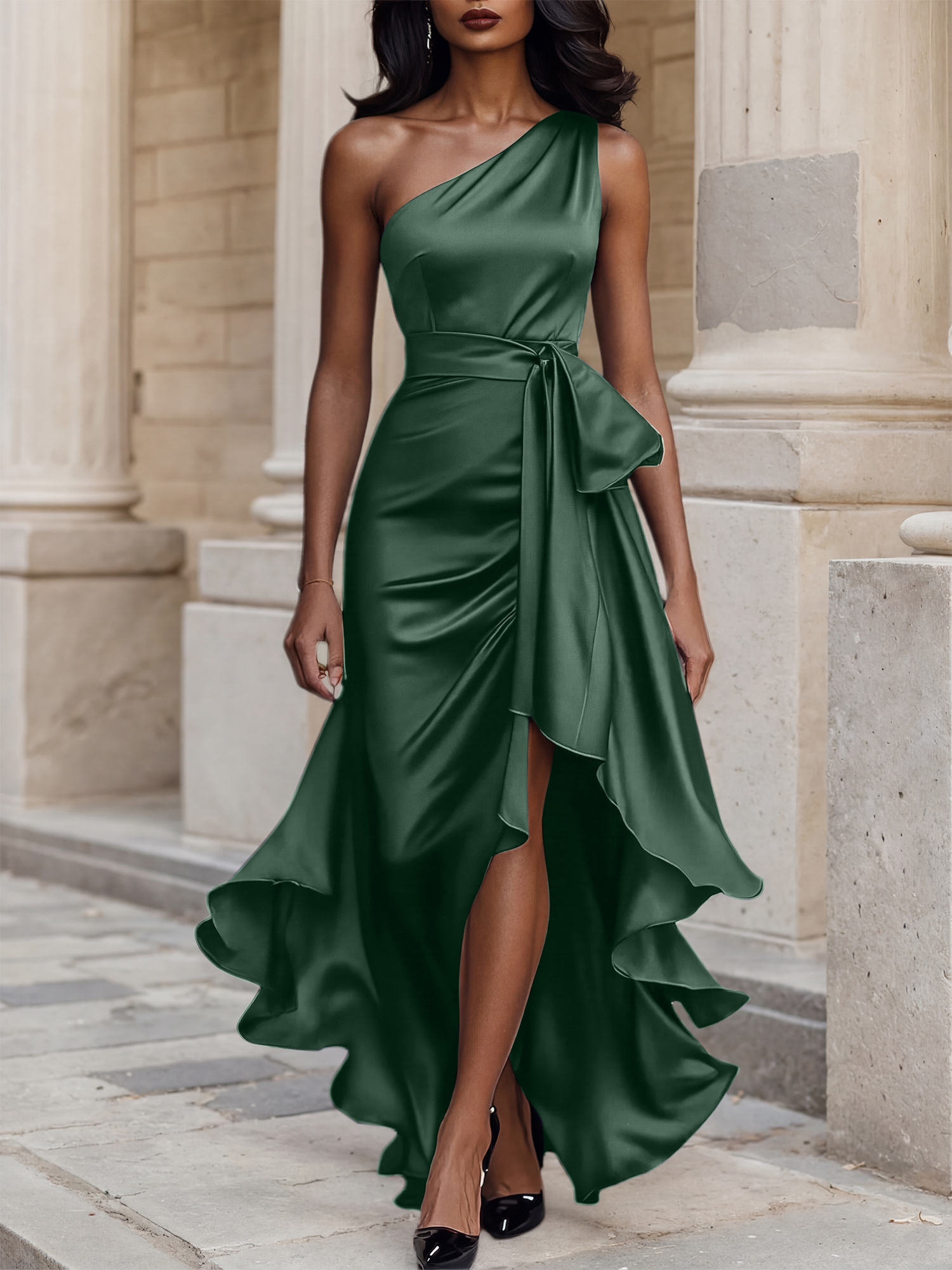 Glamorous Formal Dress Midnight Navy One Shoulder High-Low Satin Gown Midi Dress