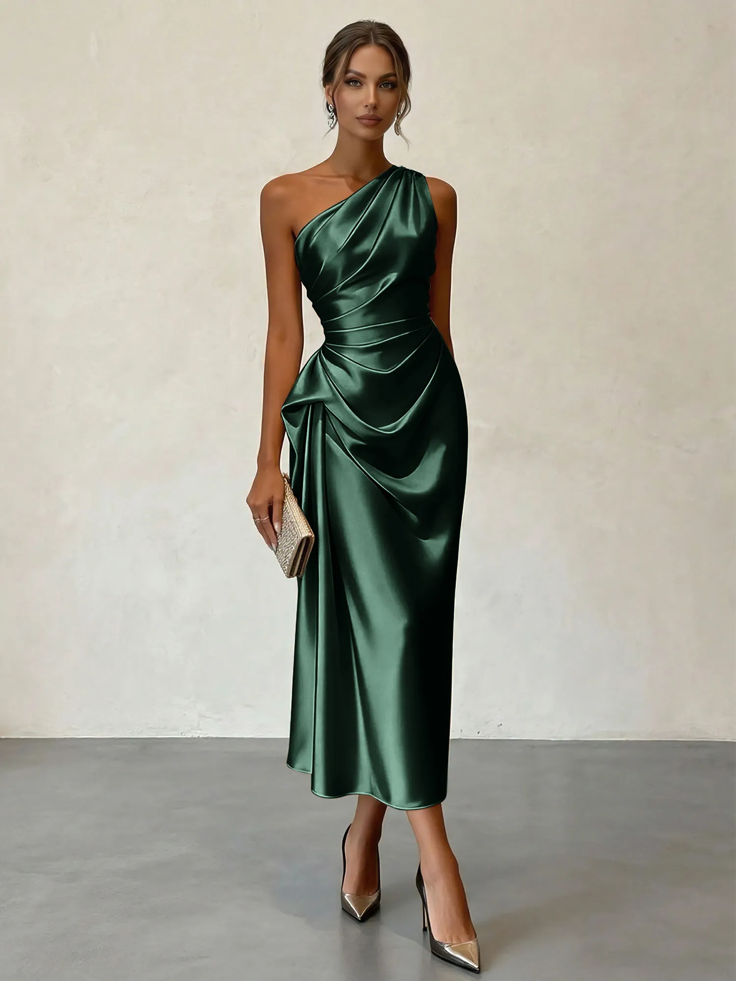 One-Shoulder Ruched Satin Midi Evening Dress with Draped Detail