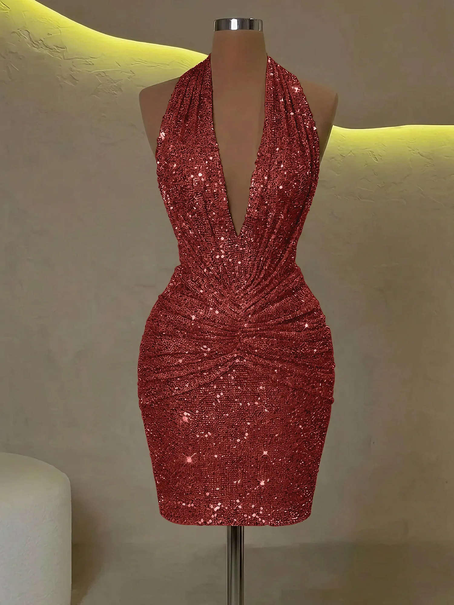 Sequin Halter Deep V-Neck Bodycon Homecoming Dress Mini Dress