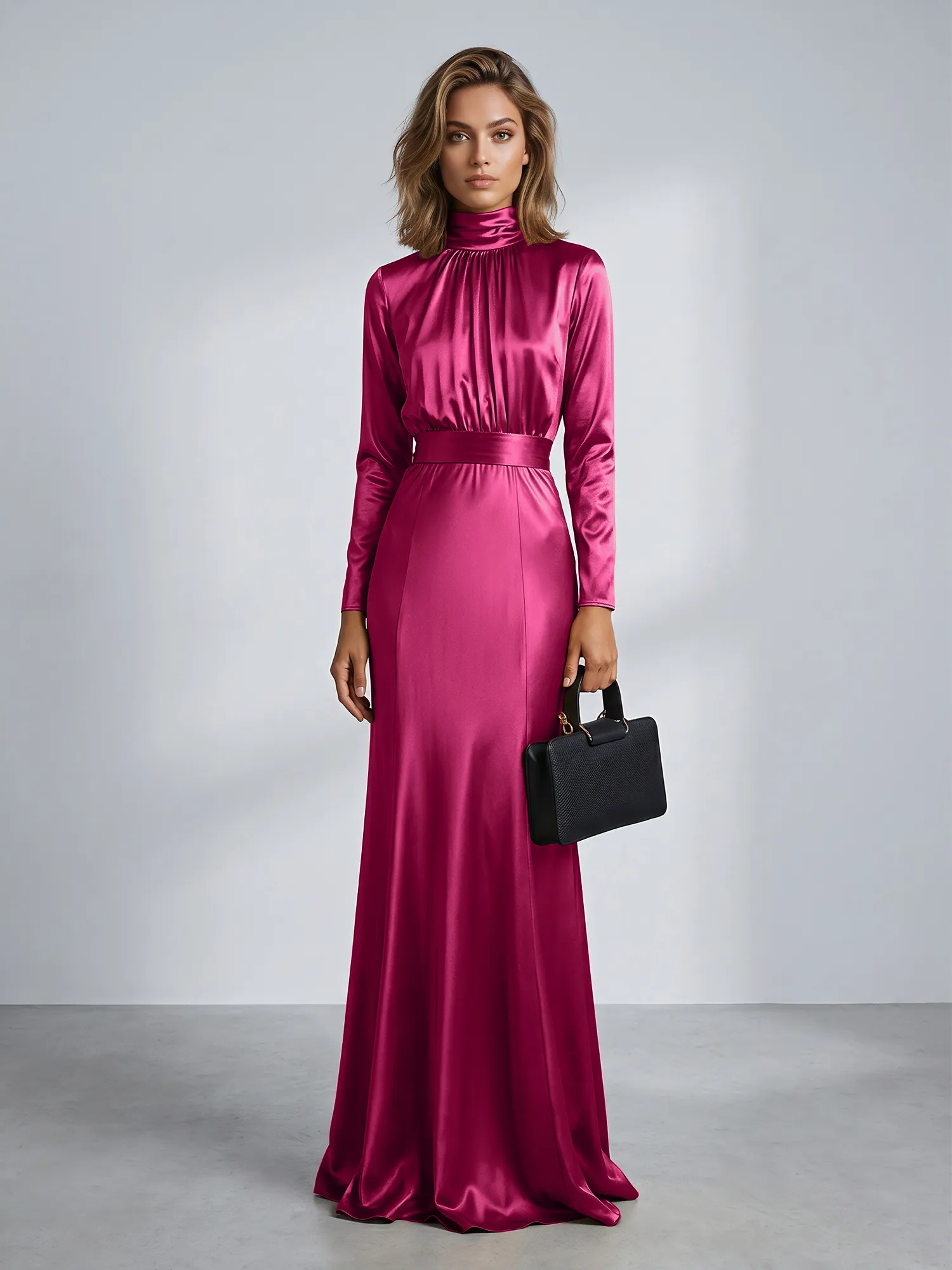 High Neck Long Sleeve Satin Mermaid Evening Gown with Waist Sash