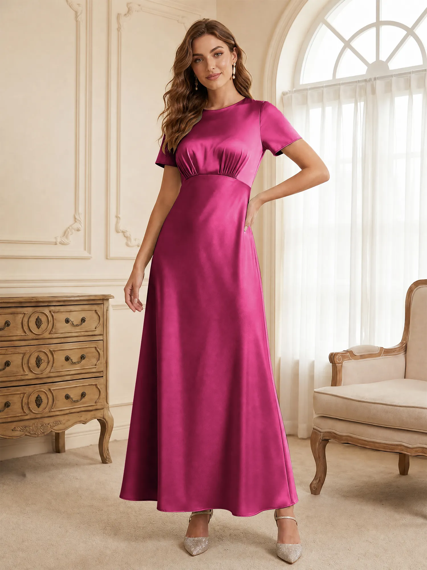 Round Neck Short Sleeve Satin Bridesmaid Dress