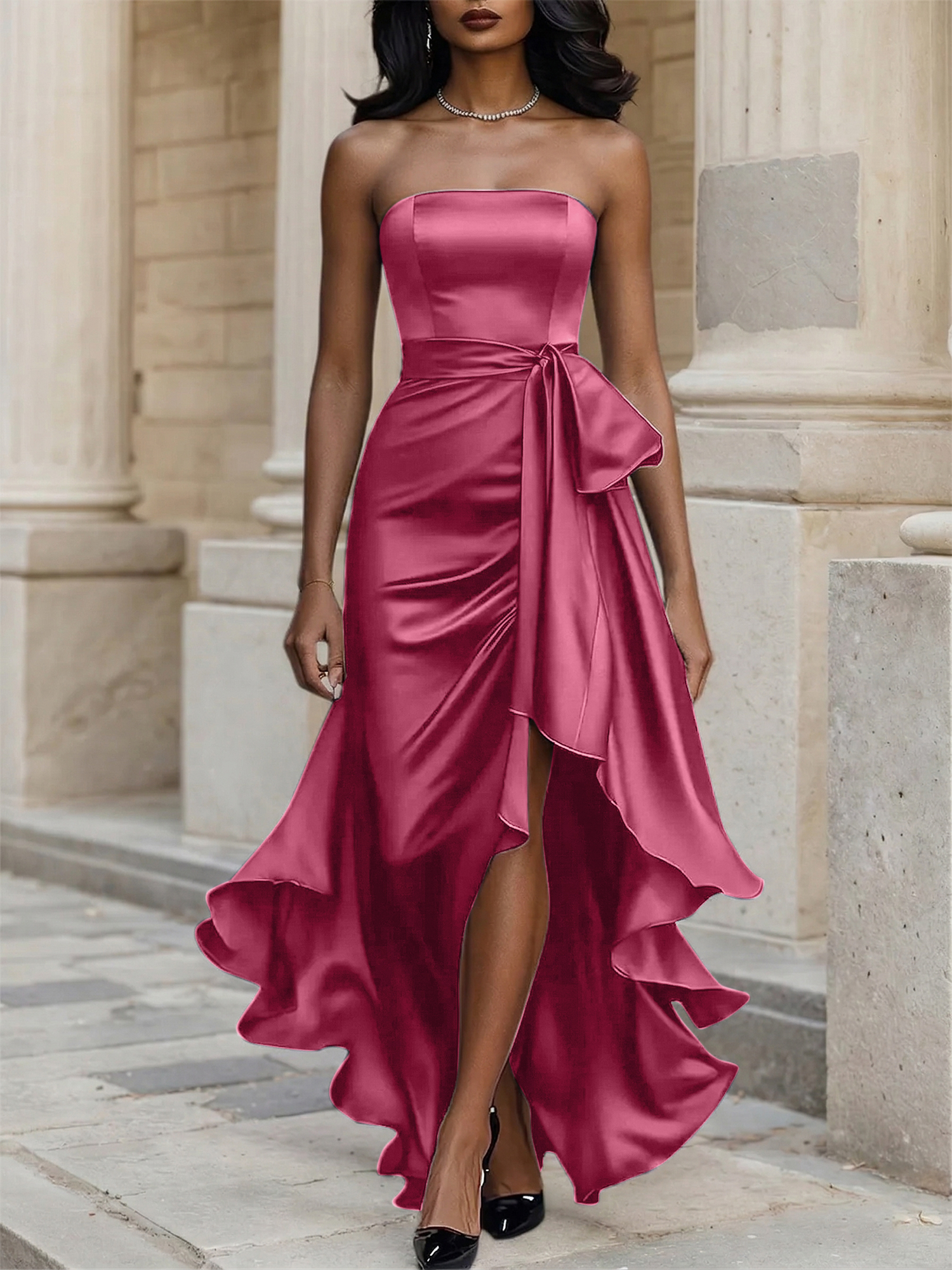 Glamorous Formal Dress Midnight Navy Strapless High-Low Satin Gown Midi Dress