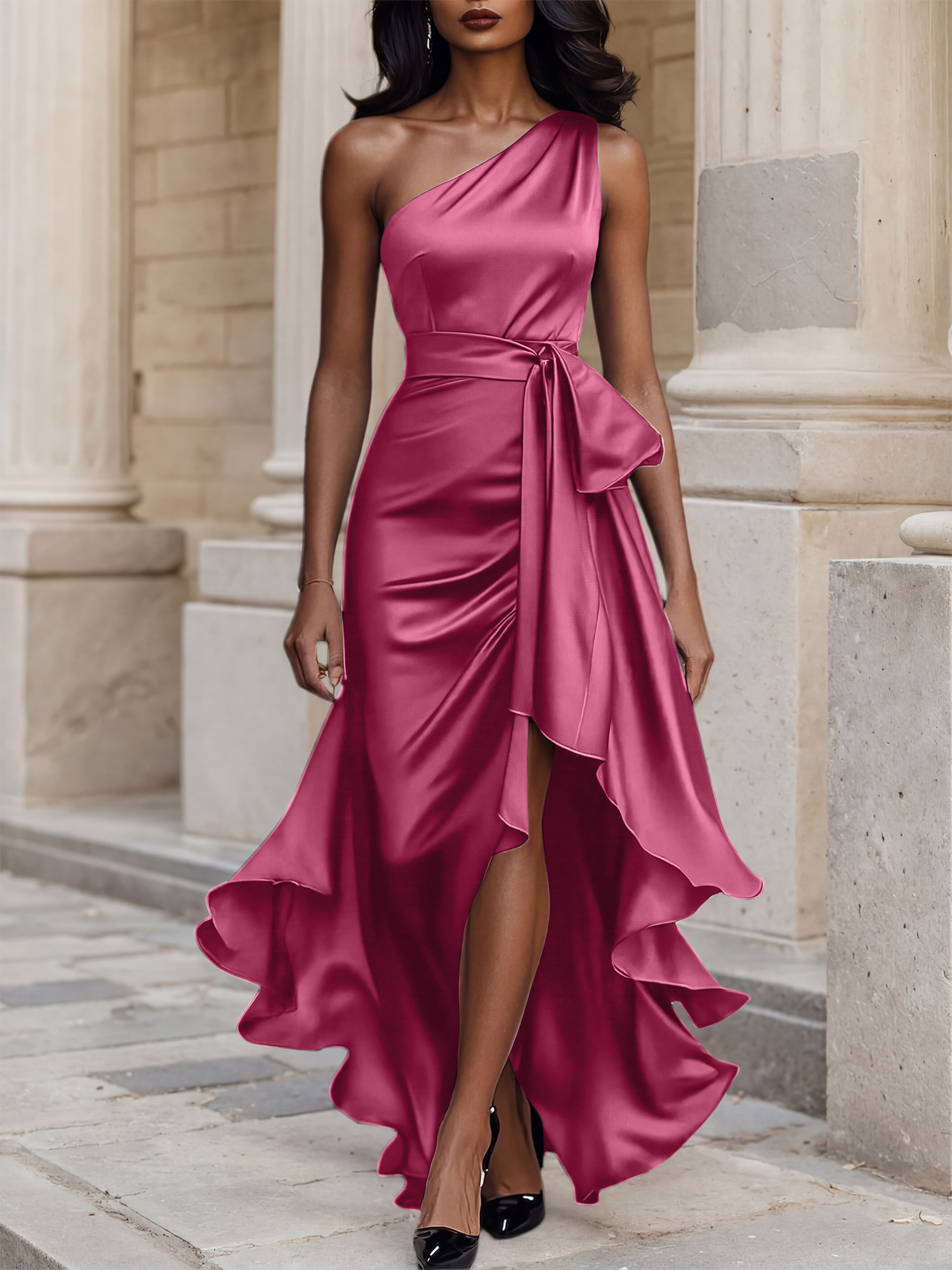 Glamorous Formal Dress Midnight Navy One Shoulder High-Low Satin Gown Midi Dress