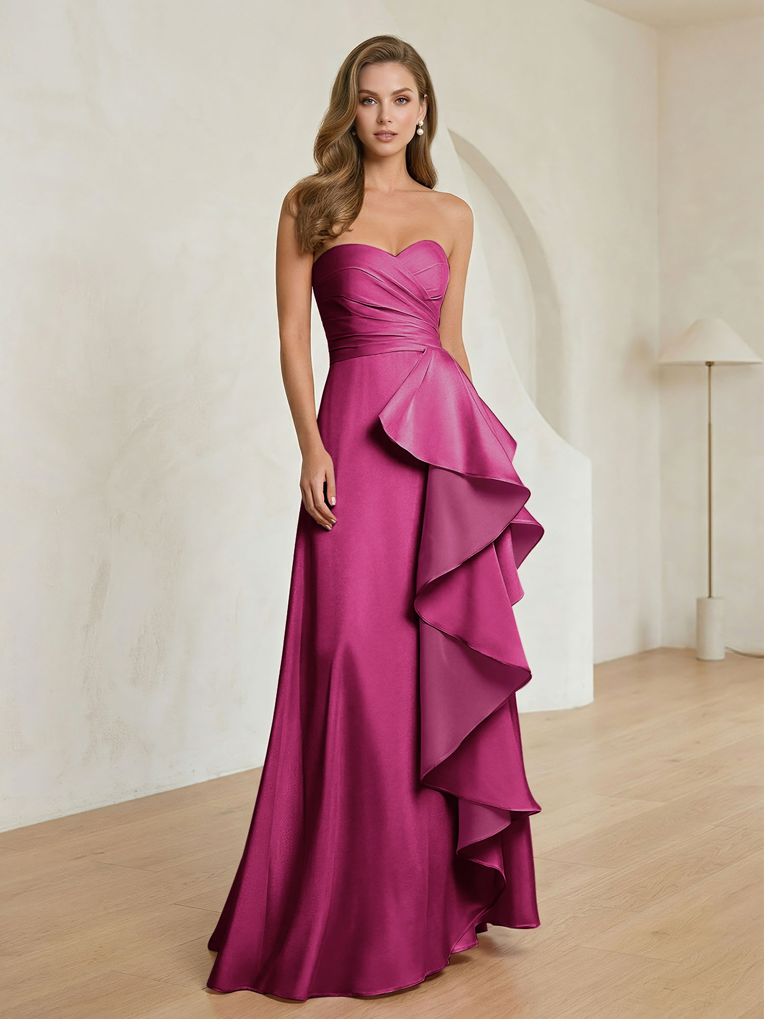 Formal Evening Dress Blush Strapless Ruffle Maxi Dress Gown