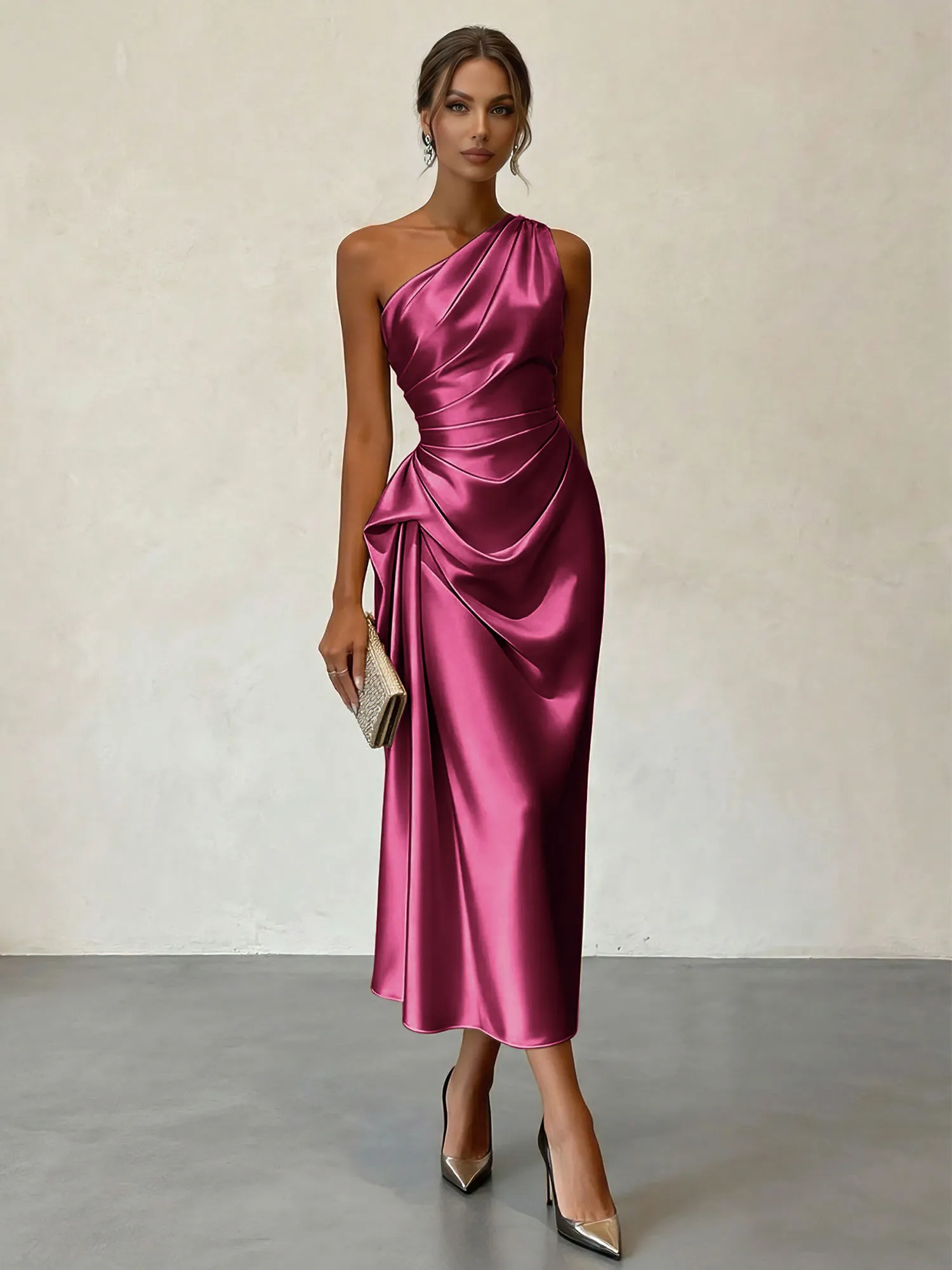 One-Shoulder Ruched Satin Midi Evening Dress with Draped Detail