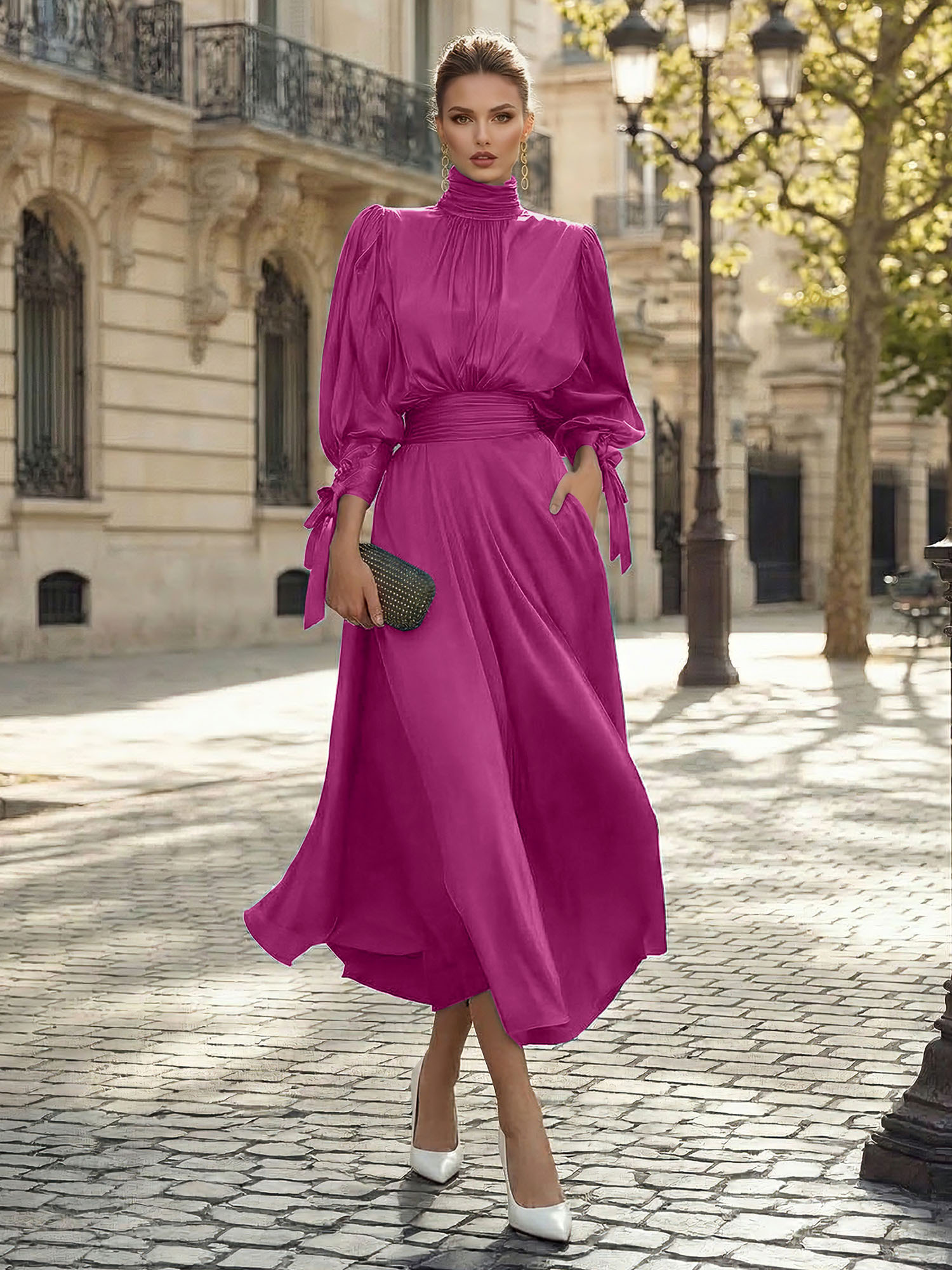Sophisticated Camel V-Neck Balloon Sleeve Midi Dress Evening Gown