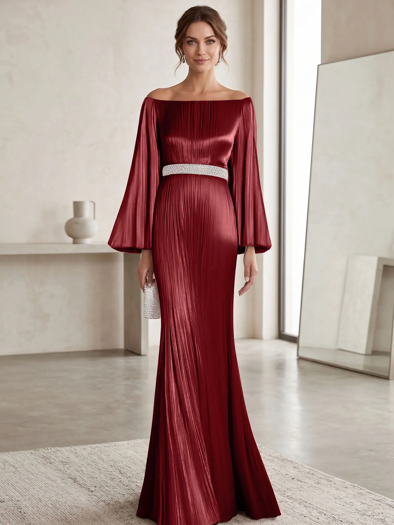 Off-the-Shoulder Pleated Satin Evening Gown with Beaded Waistband