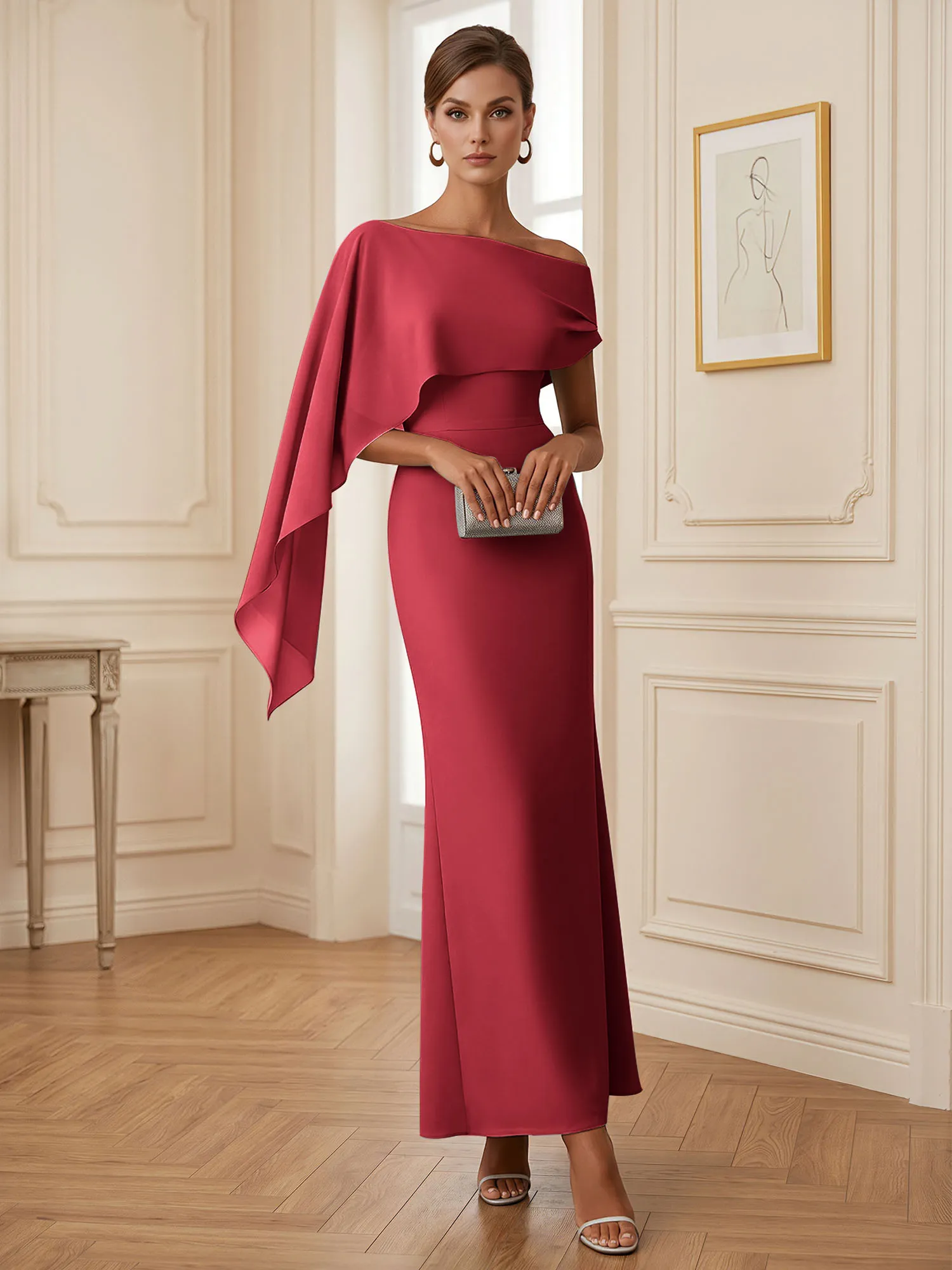 One-Shoulder Chiffon Overlay Mermaid Evening Gown
