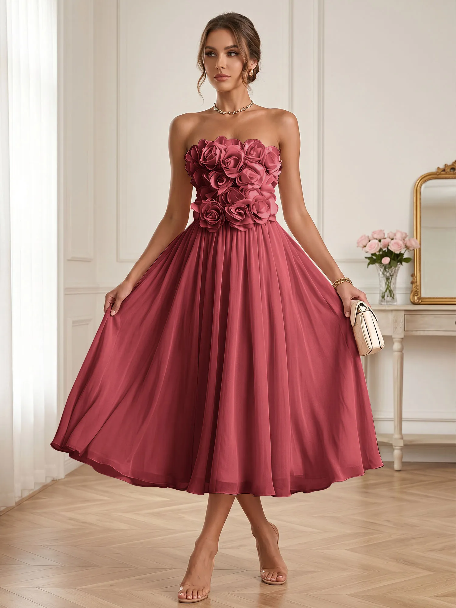 Strapless 3D Floral Chiffon A-Line Midi Formal Dress