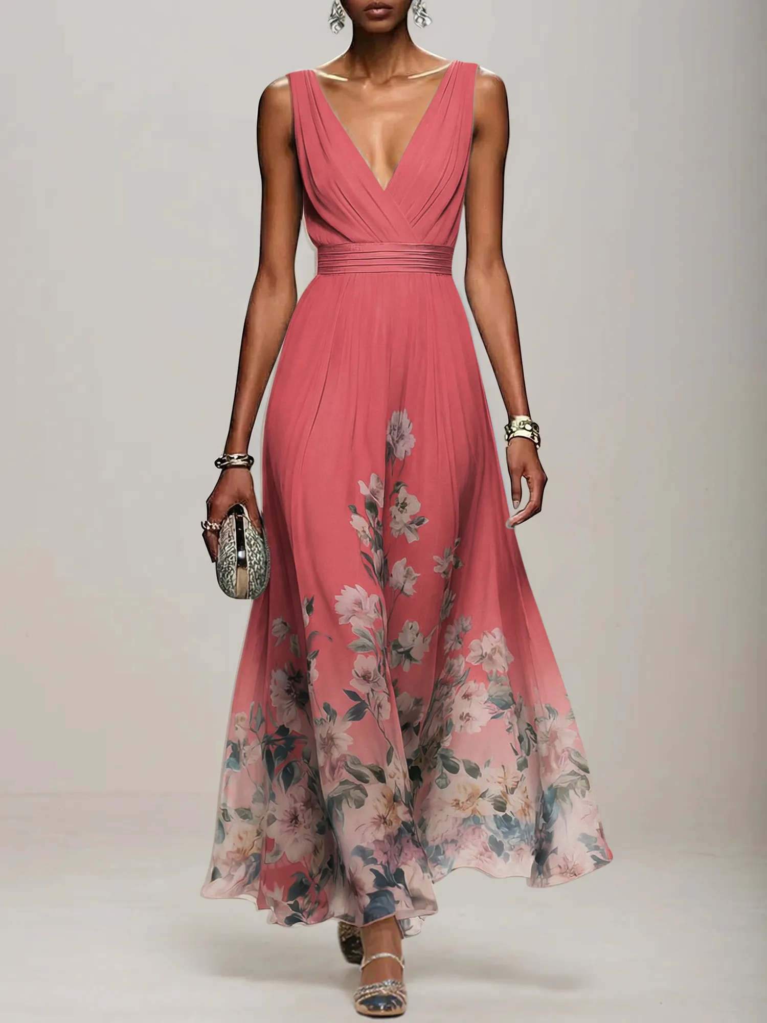 V-Neck Floral Print Chiffon Maxi Evening Dress with Satin Waist Bow