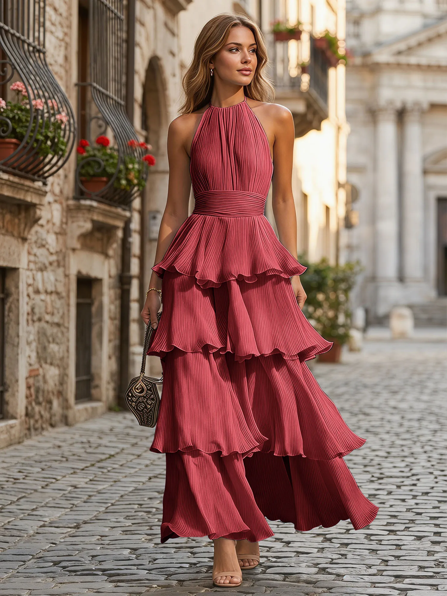 A Line Halter Neck Tiered Ruffle Chiffon Evening Dress