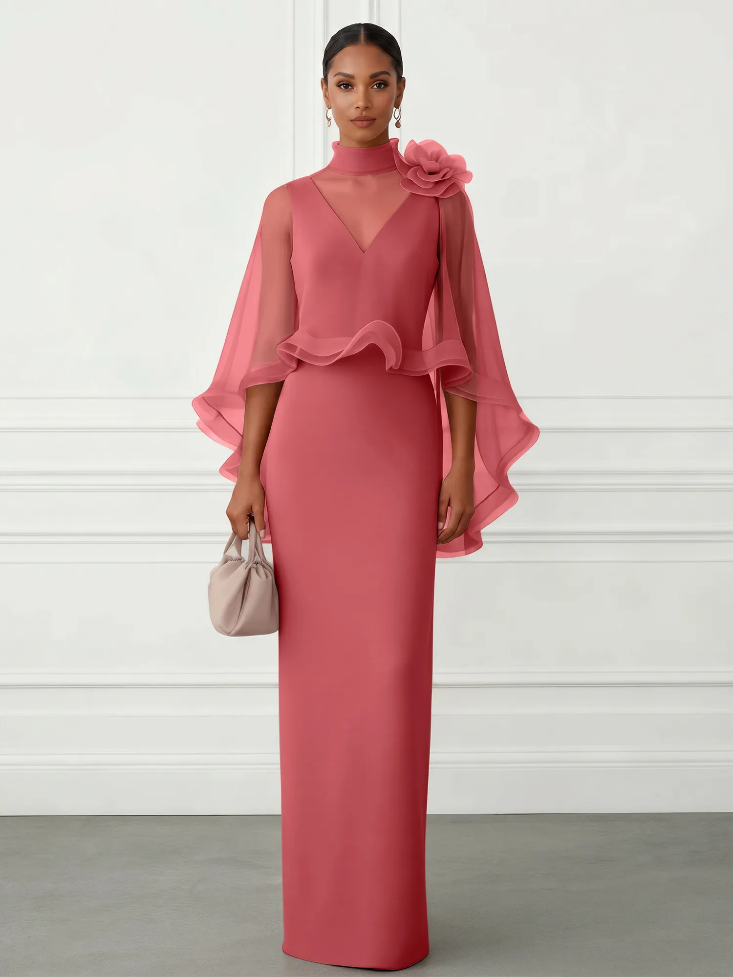 High-Neck Chiffon Cape Sleeve Sheath Evening Gown