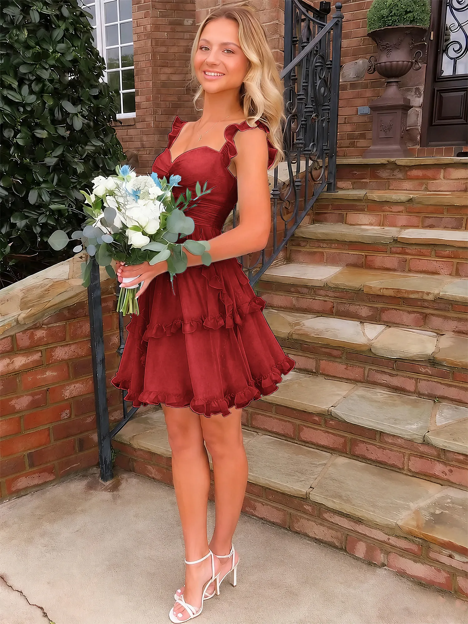 A Line Ruffled Tiered Chiffon Homecoming Dress with Lace-Up Back