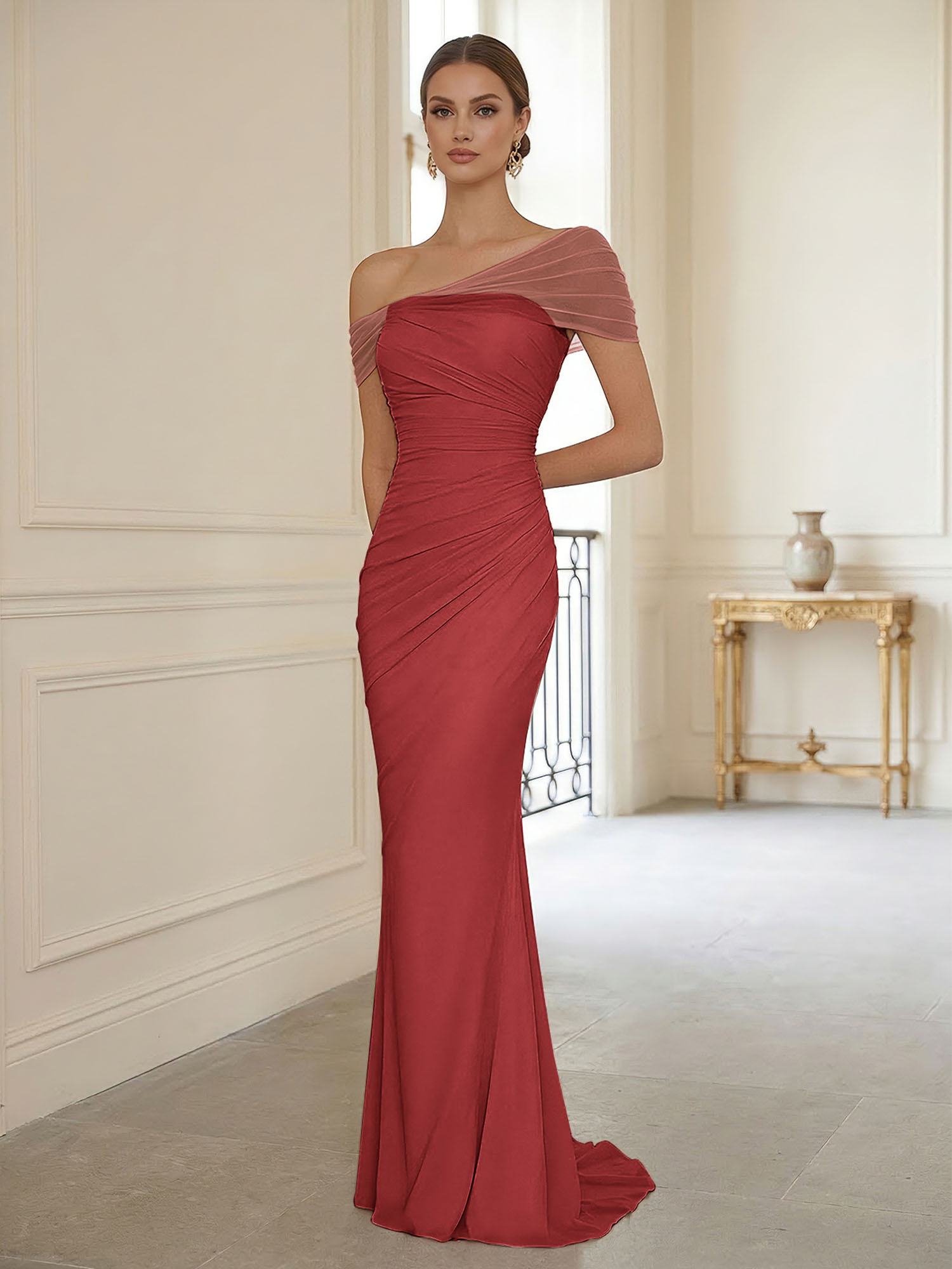 Sophisticated Blush Pink Asymmetrical Ruched Maxi Dress Evening Gown