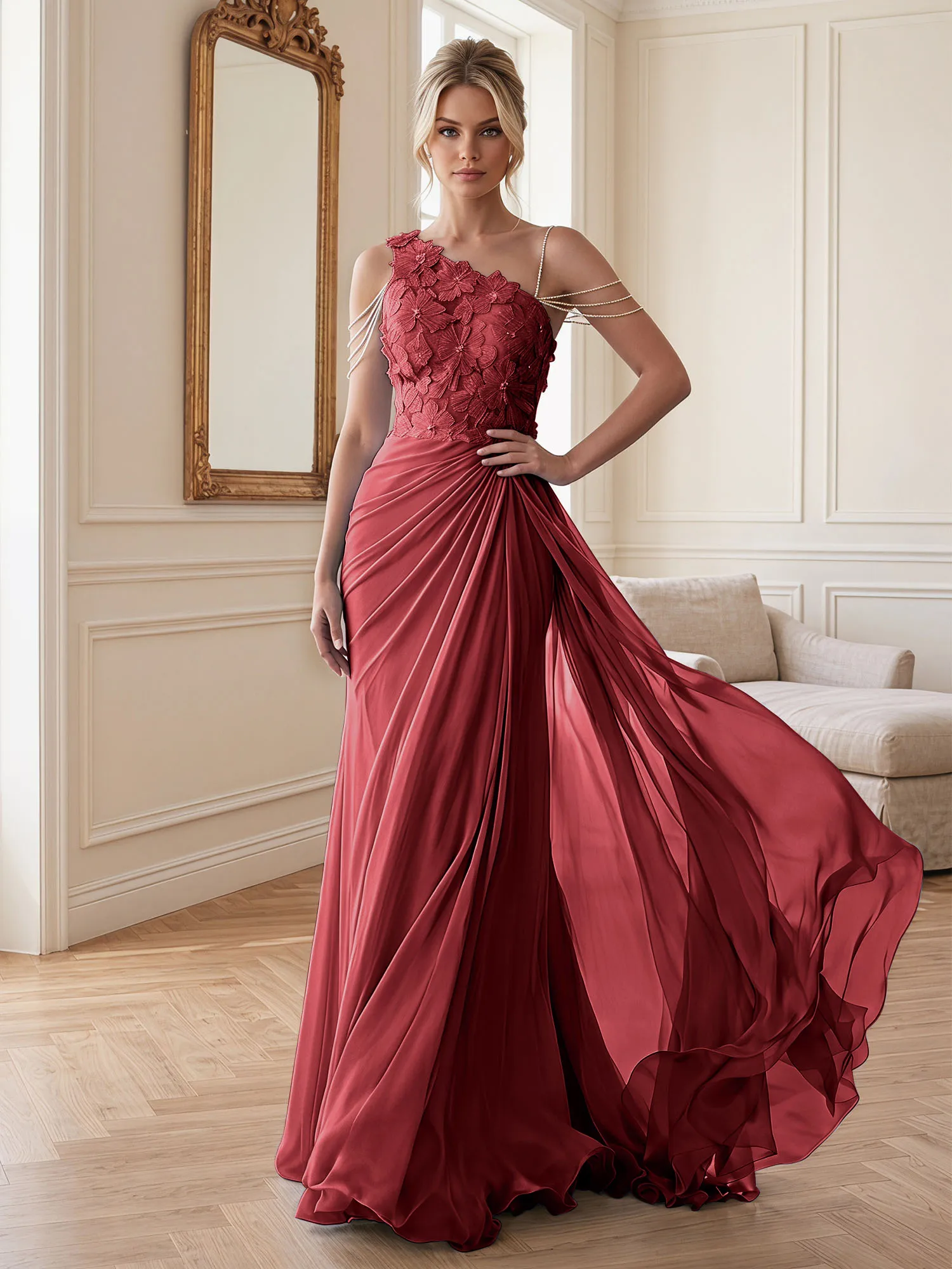 One-Shoulder Floral Lace Chiffon Evening Gown