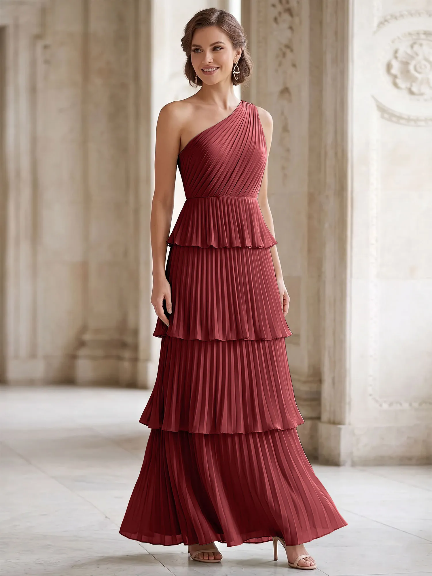 One-Shoulder Tiered Pleated Chiffon Evening Gown