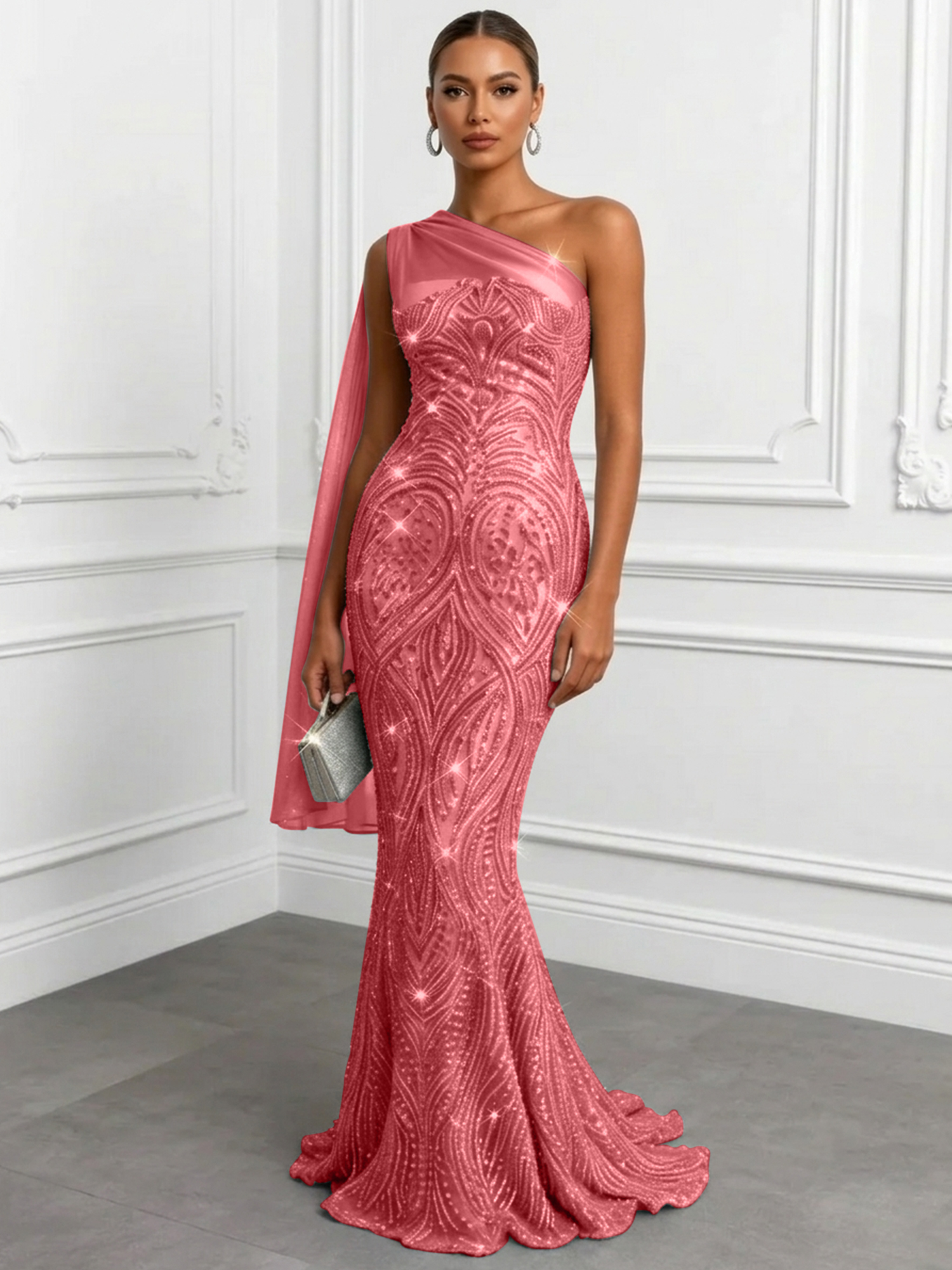 Shimmering Sage One-Shoulder Sequin Mermaid Evening Dress