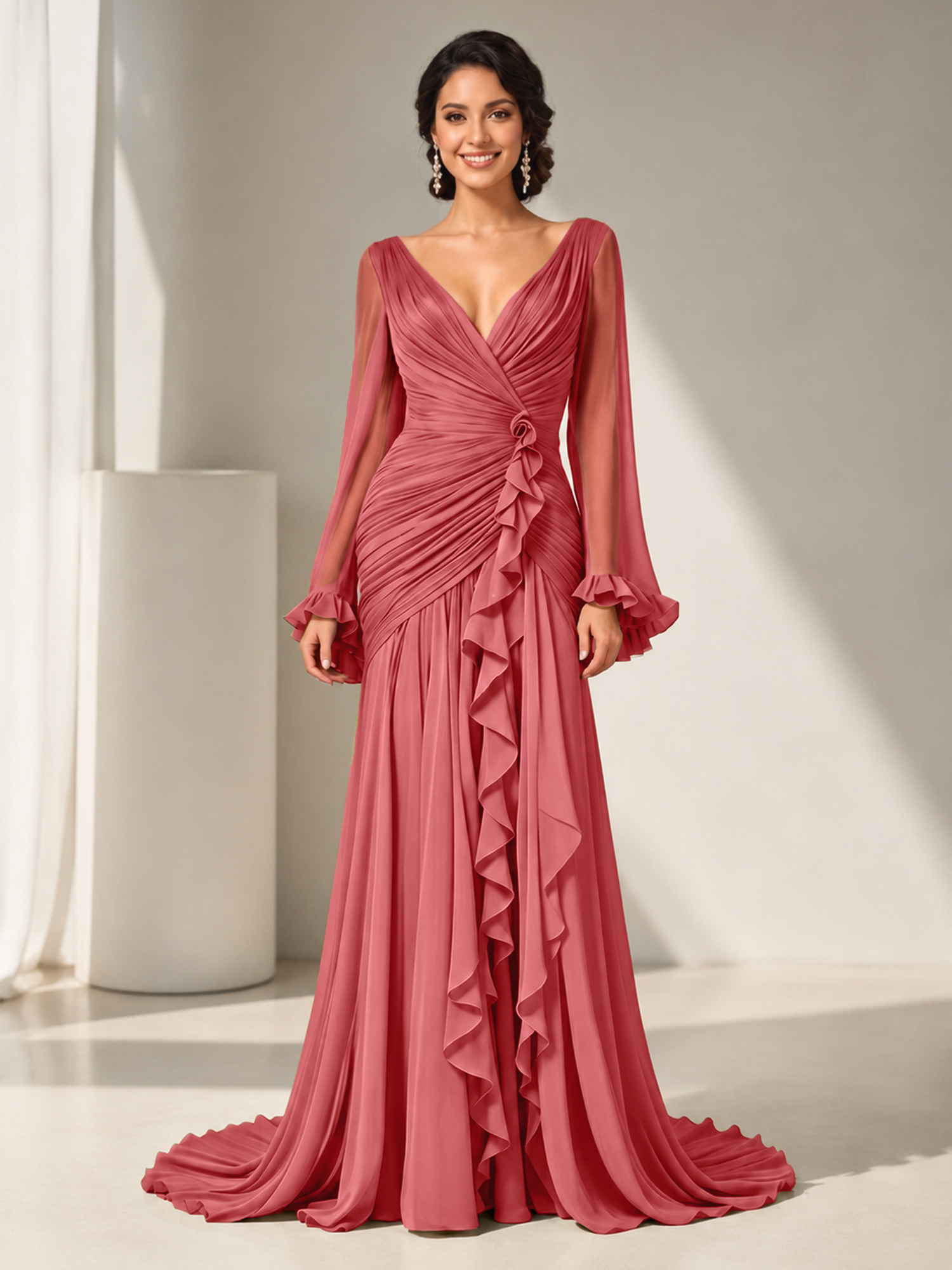 Grecian Olive Green Ruched Long-Sleeve Cascading Ruffle Formal Evening Dress