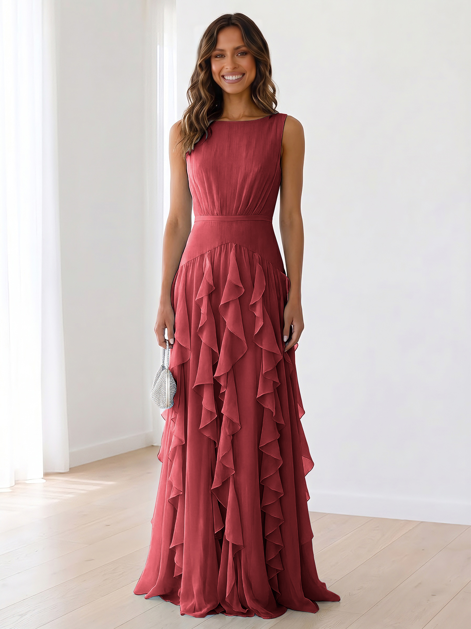 Ethereal Powder Blue Cascading Ruffle Maxi Formal Evening Dress