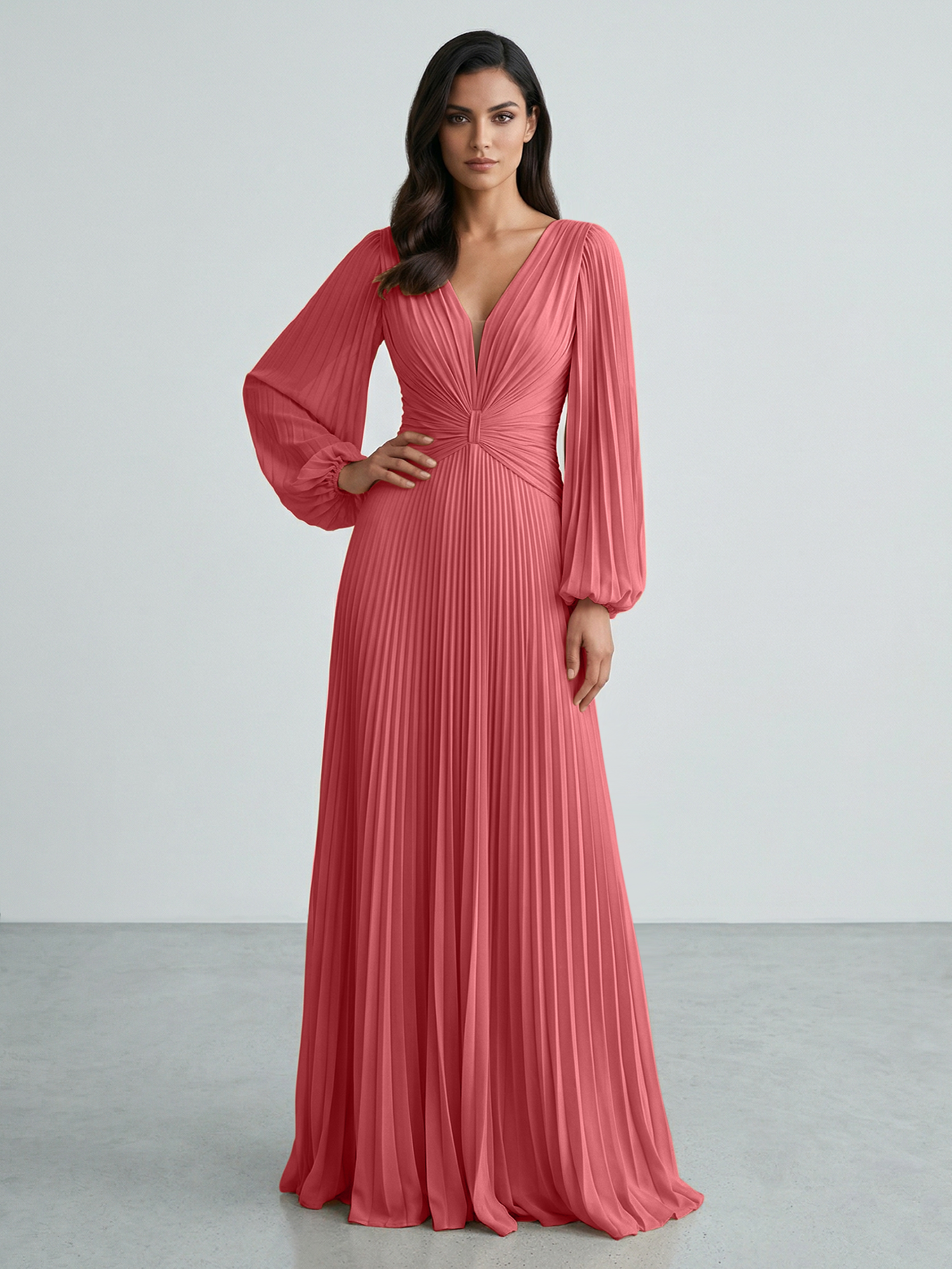 Slate Blue Plunging V-Neck Pleated Long Sleeve Maxi Dress Gown