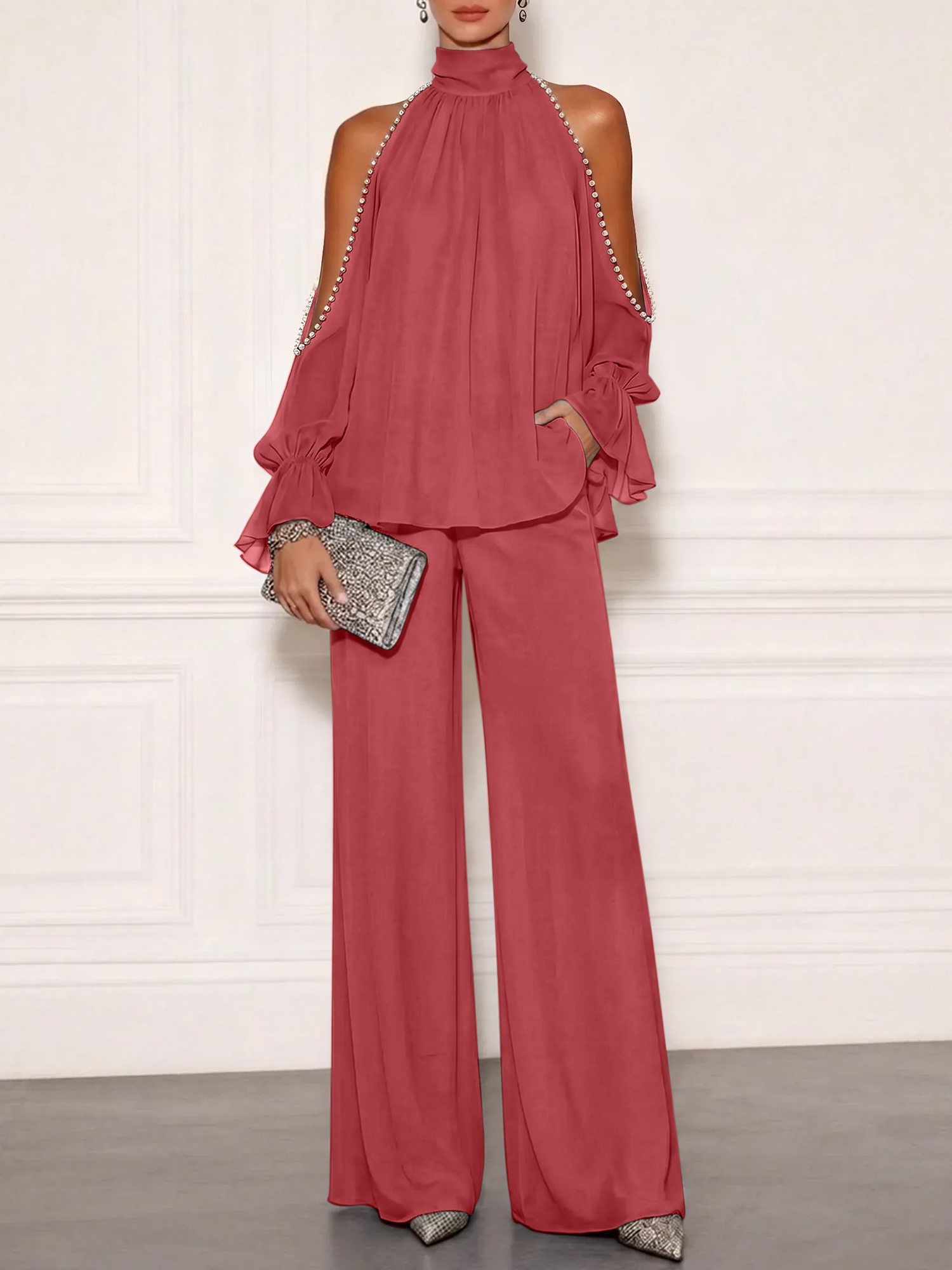 Sophisticated Embellished Cold Shoulder Formal Evening Jumpsuit