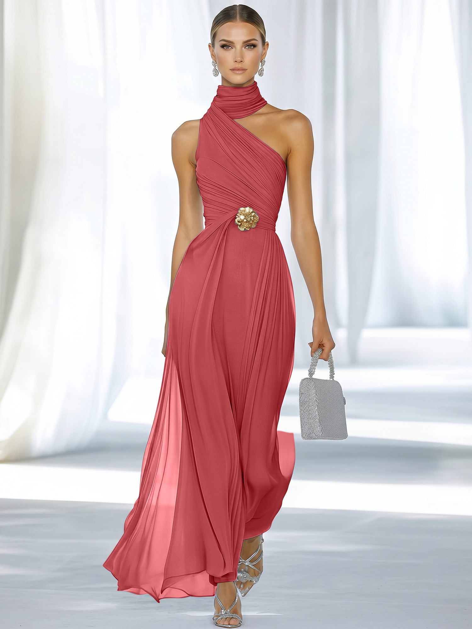 Sky Blue Pleated Chiffon Halter Strapless Formal Evening Dress