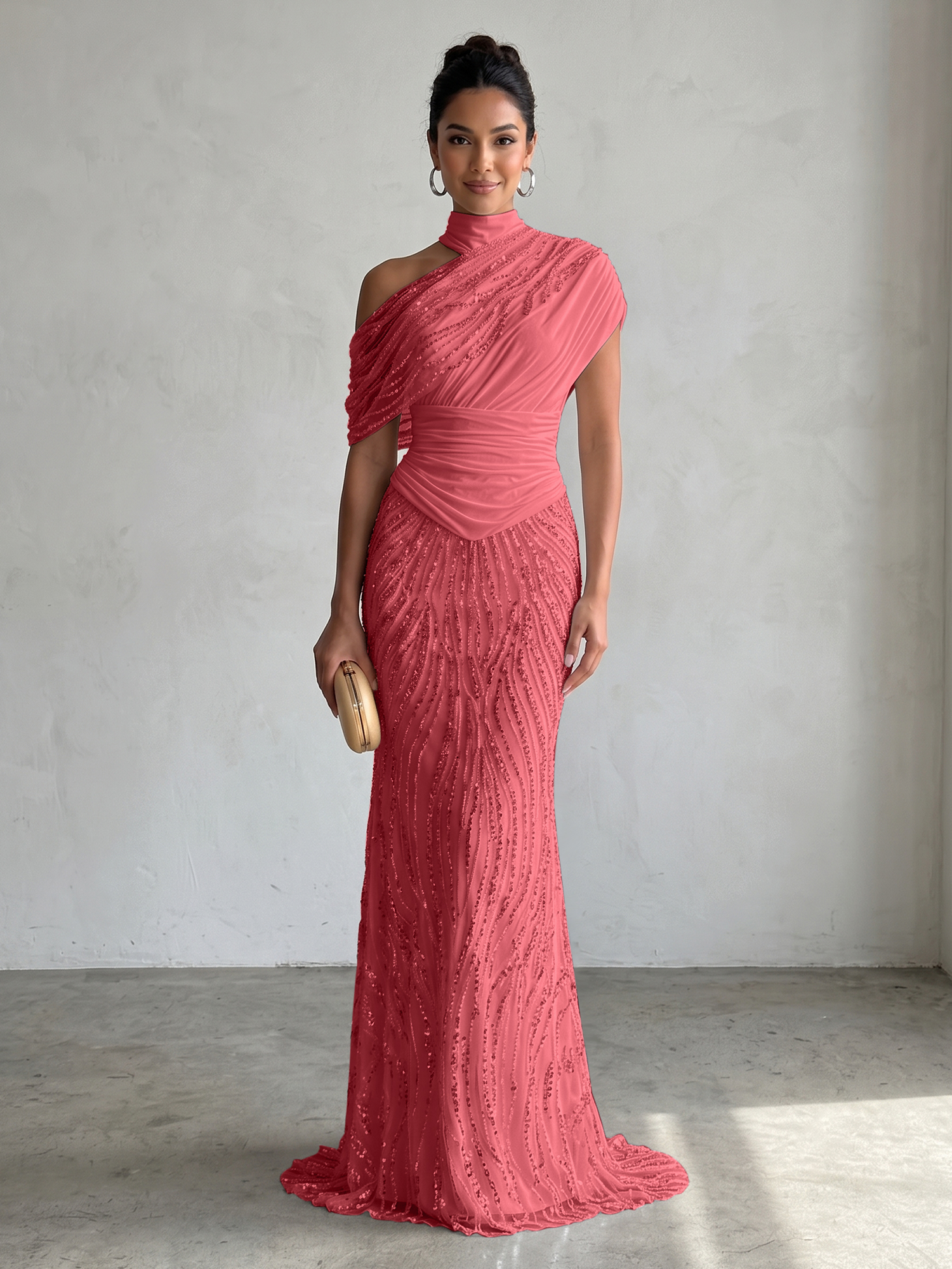 Ethereal White Beaded High-Neck Draped Sheath Formal Evening Dress