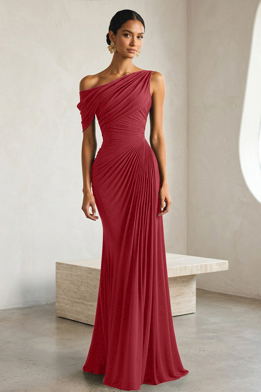 Timeless Black Architectural One-Shoulder Sheath Evening Gown