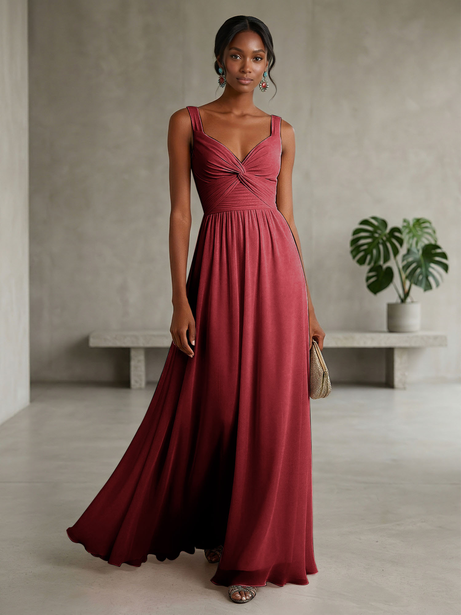 Elegant Soft Blush Twist-Front Chiffon Maxi Gown