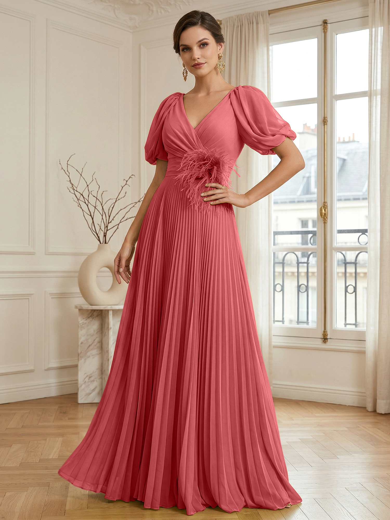 A-Line Chiffon Evening Gown with Feather V-Neck Short Sleeves Formal Dress