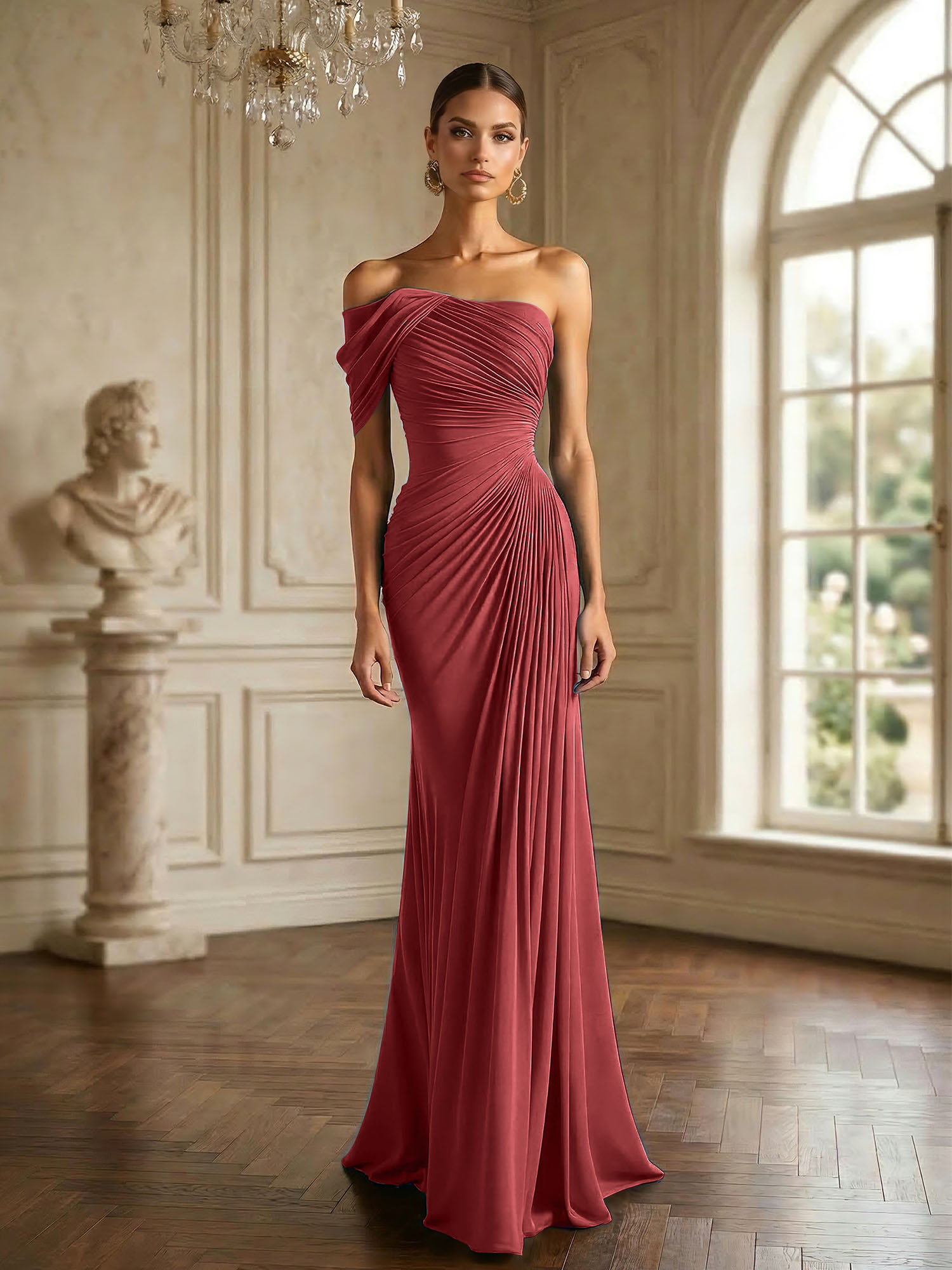 One Shoulder Pleat Mermaid Chiffon Evening Dresses for Women Gown