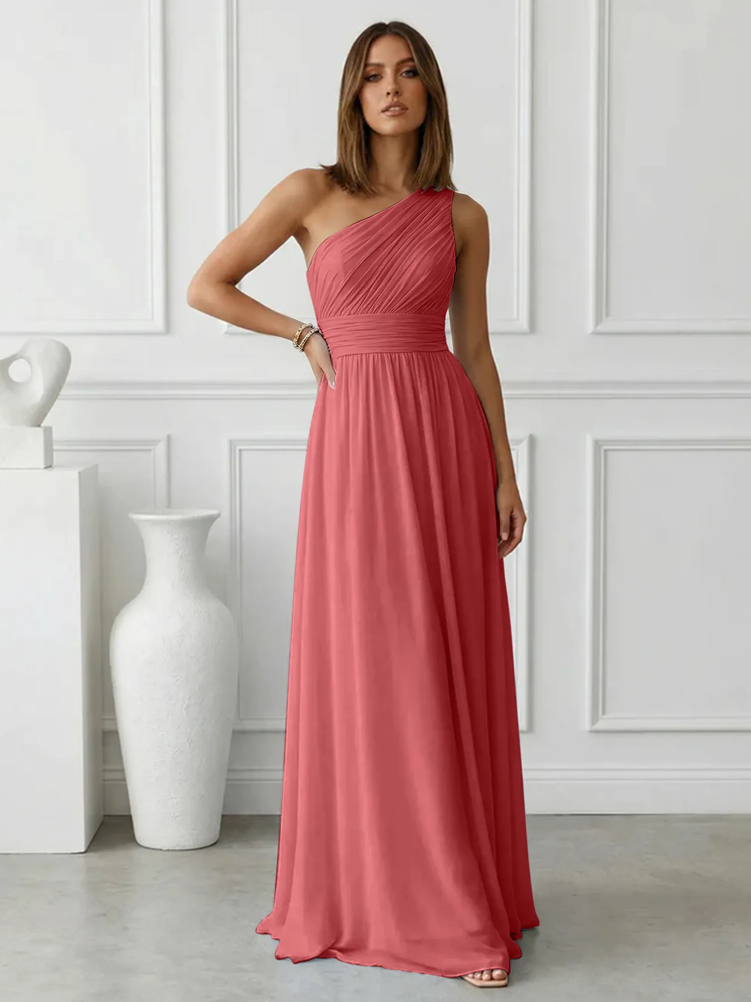 One-Shoulder Pleated Chiffon A-Line Evening Dress