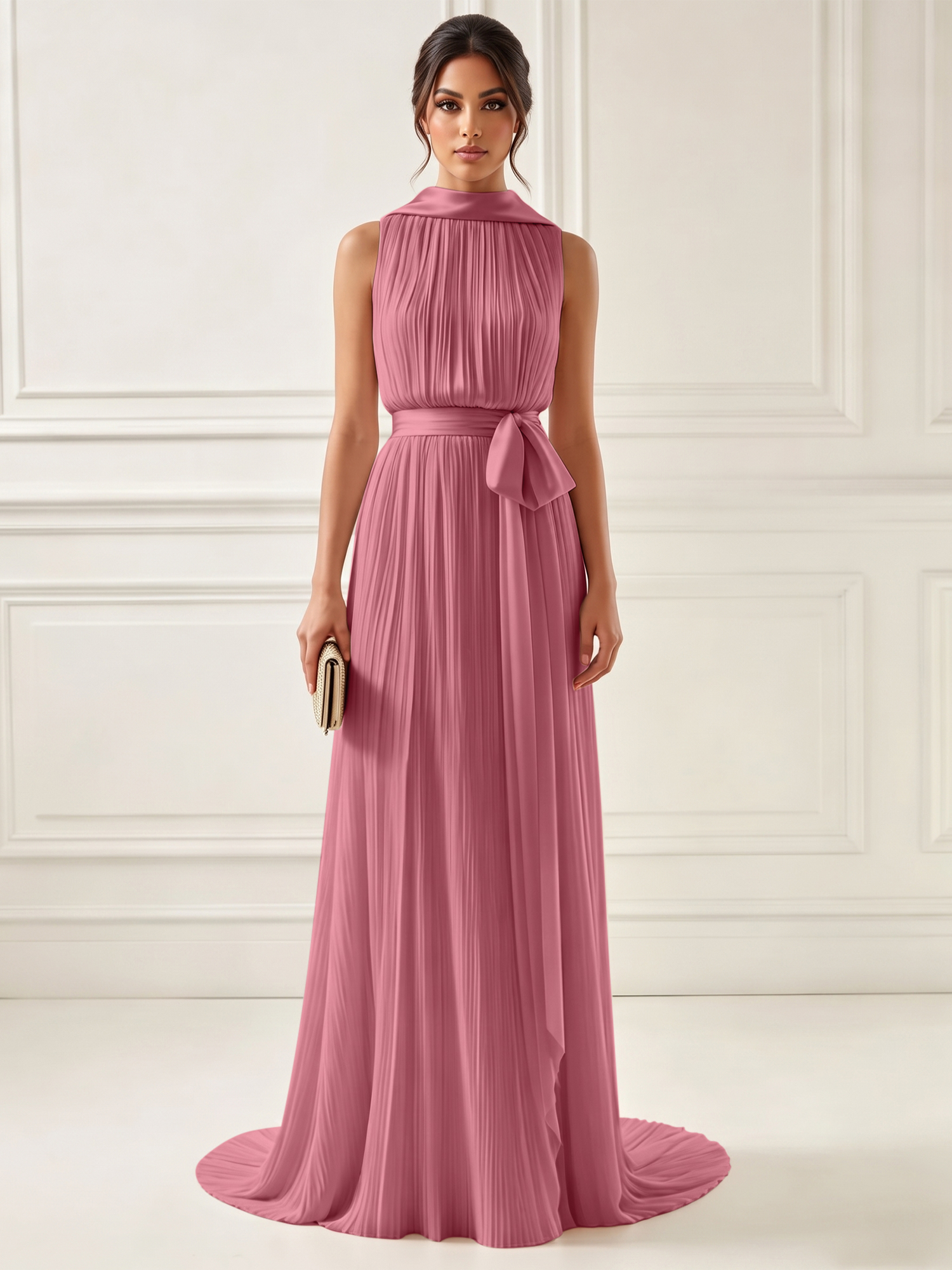 Ethereal Pleated Pastel Pink High Neck Maxi Formal Evening Dress with Satin Sash
