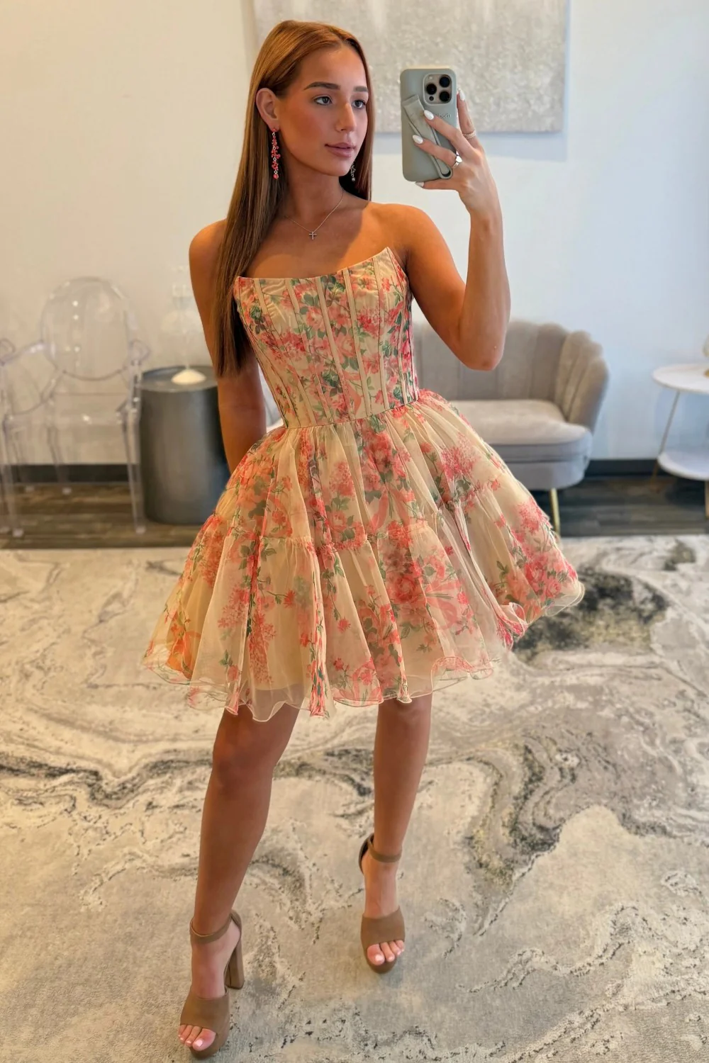 Ethereal Nude Floral Tulle Corset Strapless A-Line Homecoming Dress 