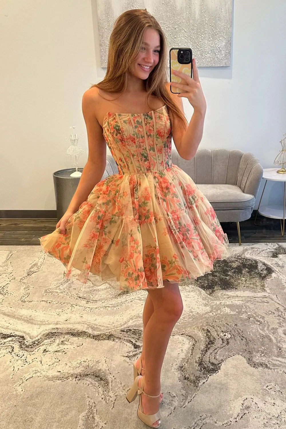 Ethereal Nude Floral Tulle Corset Strapless A-Line Homecoming Dress 