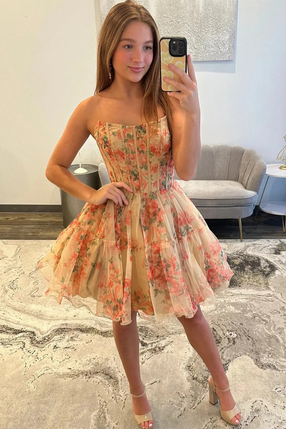 Ethereal Nude Floral Tulle Corset Strapless A-Line Homecoming Dress 