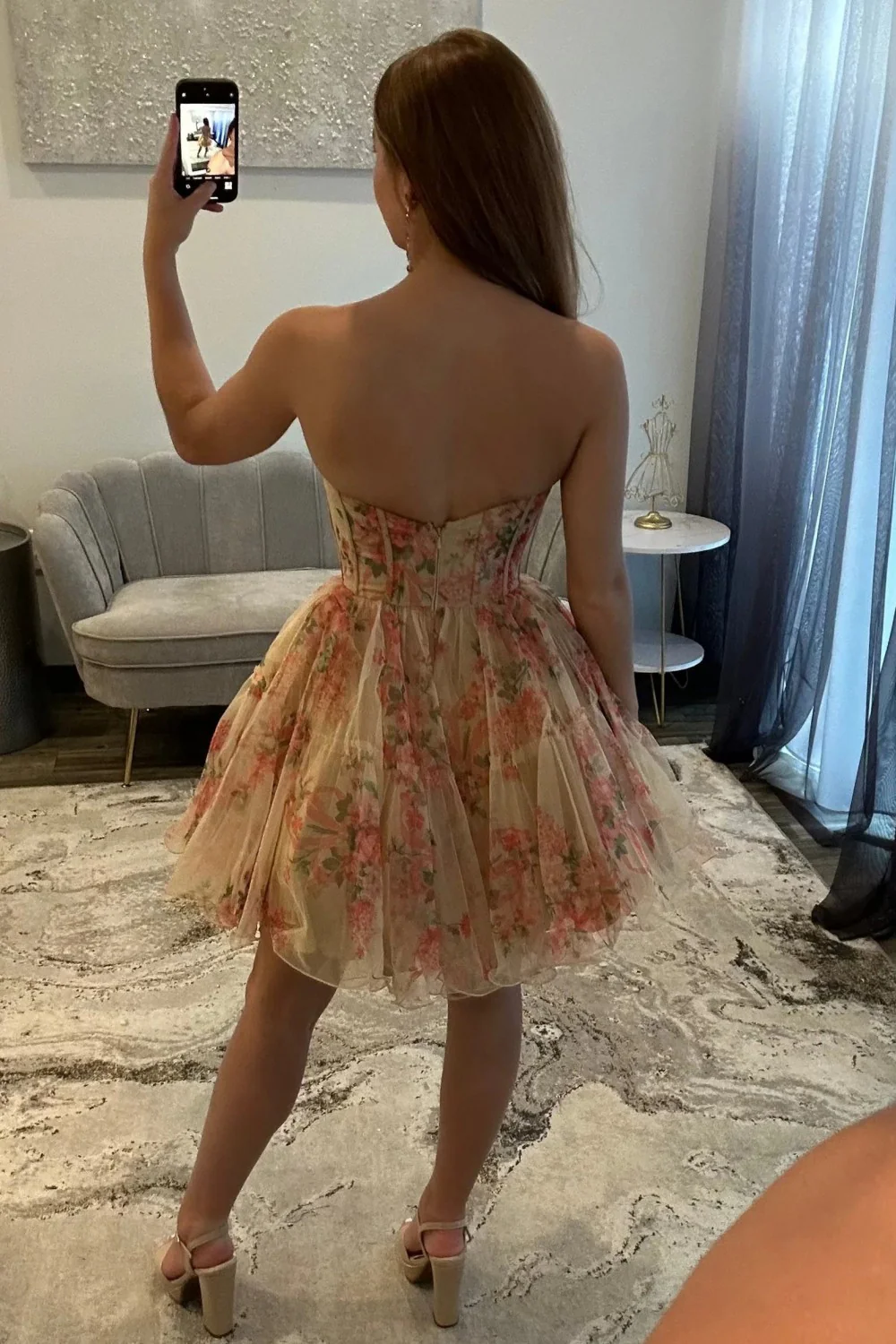 Ethereal Nude Floral Tulle Corset Strapless A-Line Homecoming Dress 