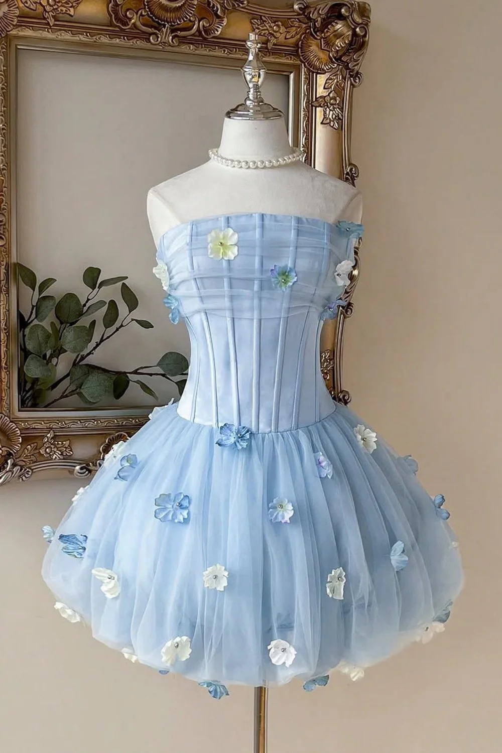 Dreamy Powder Blue Strapless Floral Tulle Corset A-Line Homecoming Dress